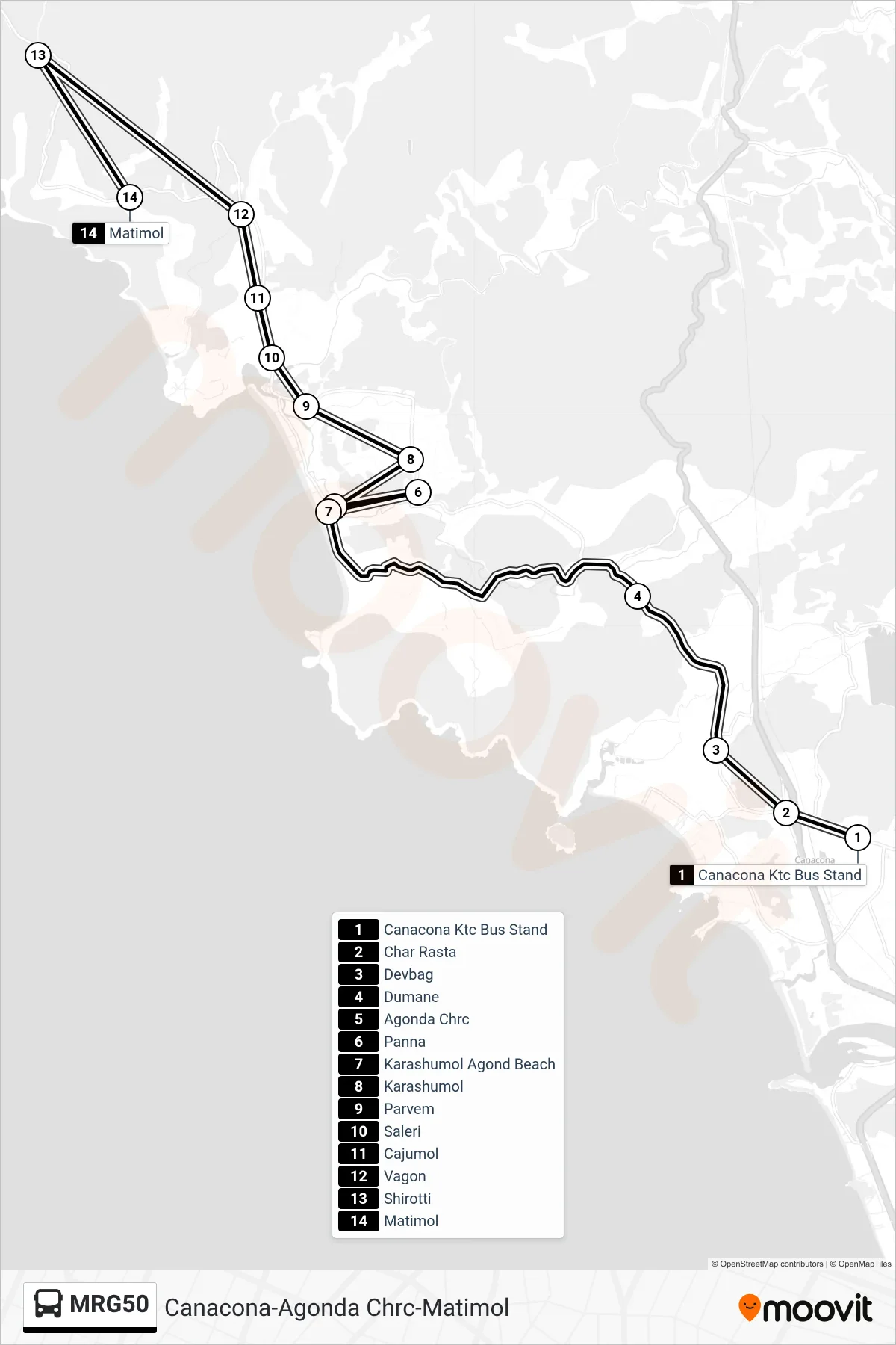 MRG50 bus Line (Canacona-Agonda Chrc-Matimol) route and stops on a map