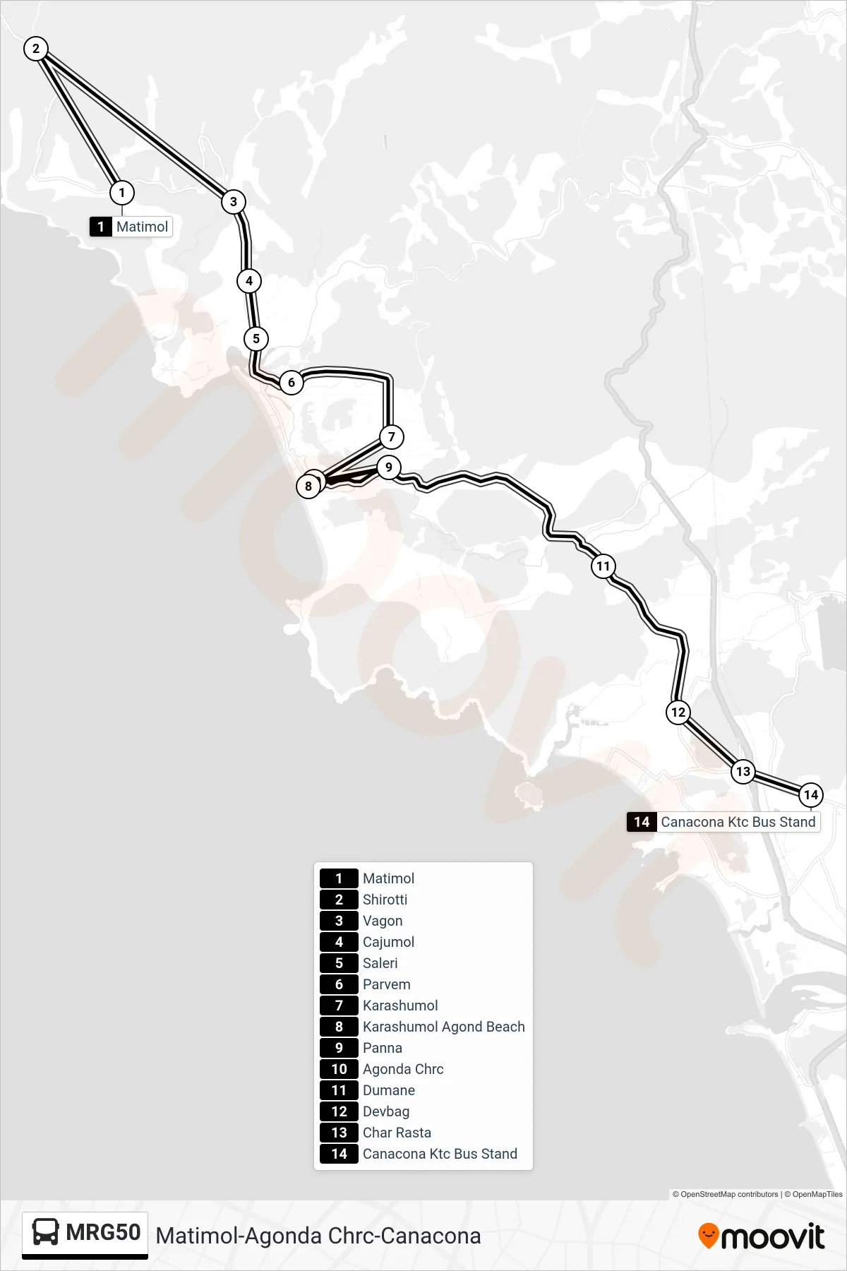 MRG50 bus Line (Matimol-Agonda Chrc-Canacona) route and stops on a map