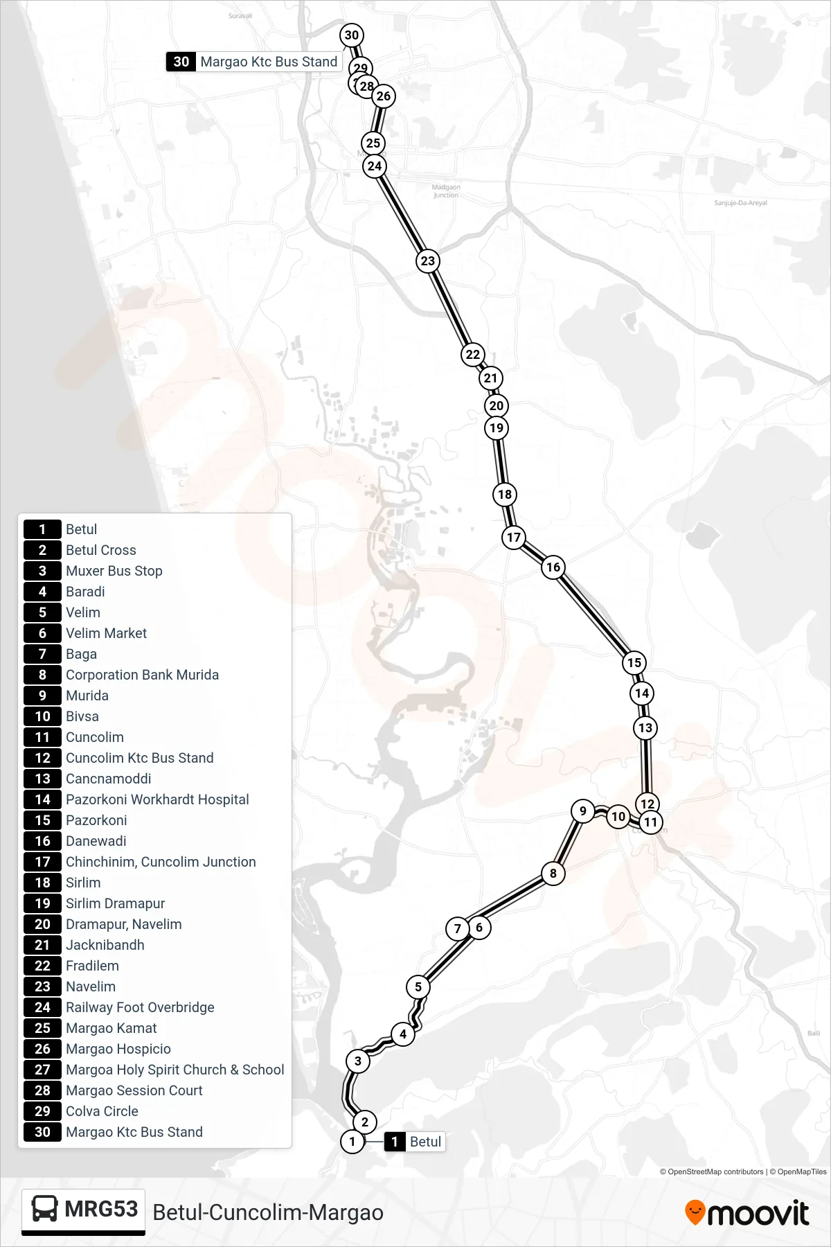 MRG53 bus Line (Betul-Cuncolim-Margao) route and stops on a map