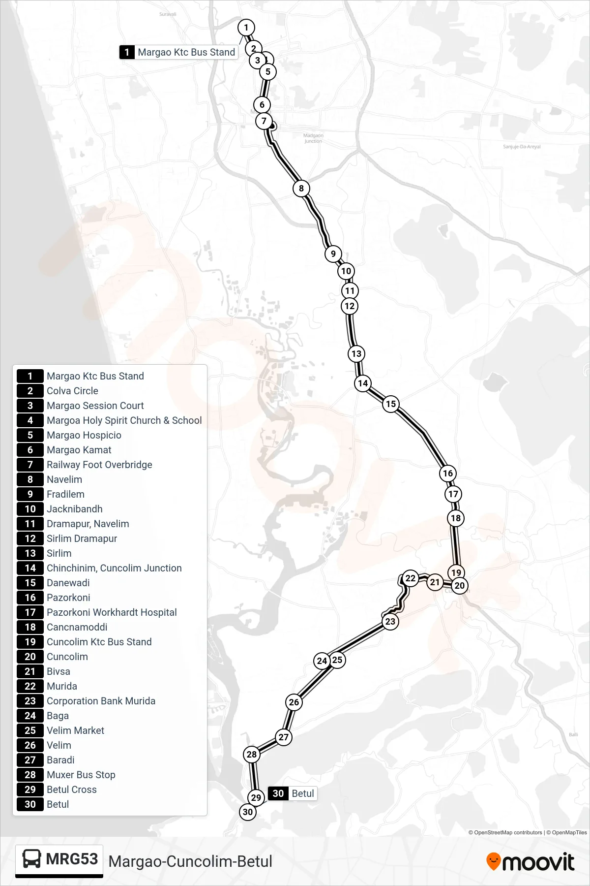 MRG53 bus Line (Margao-Cuncolim-Betul) route and stops on a map