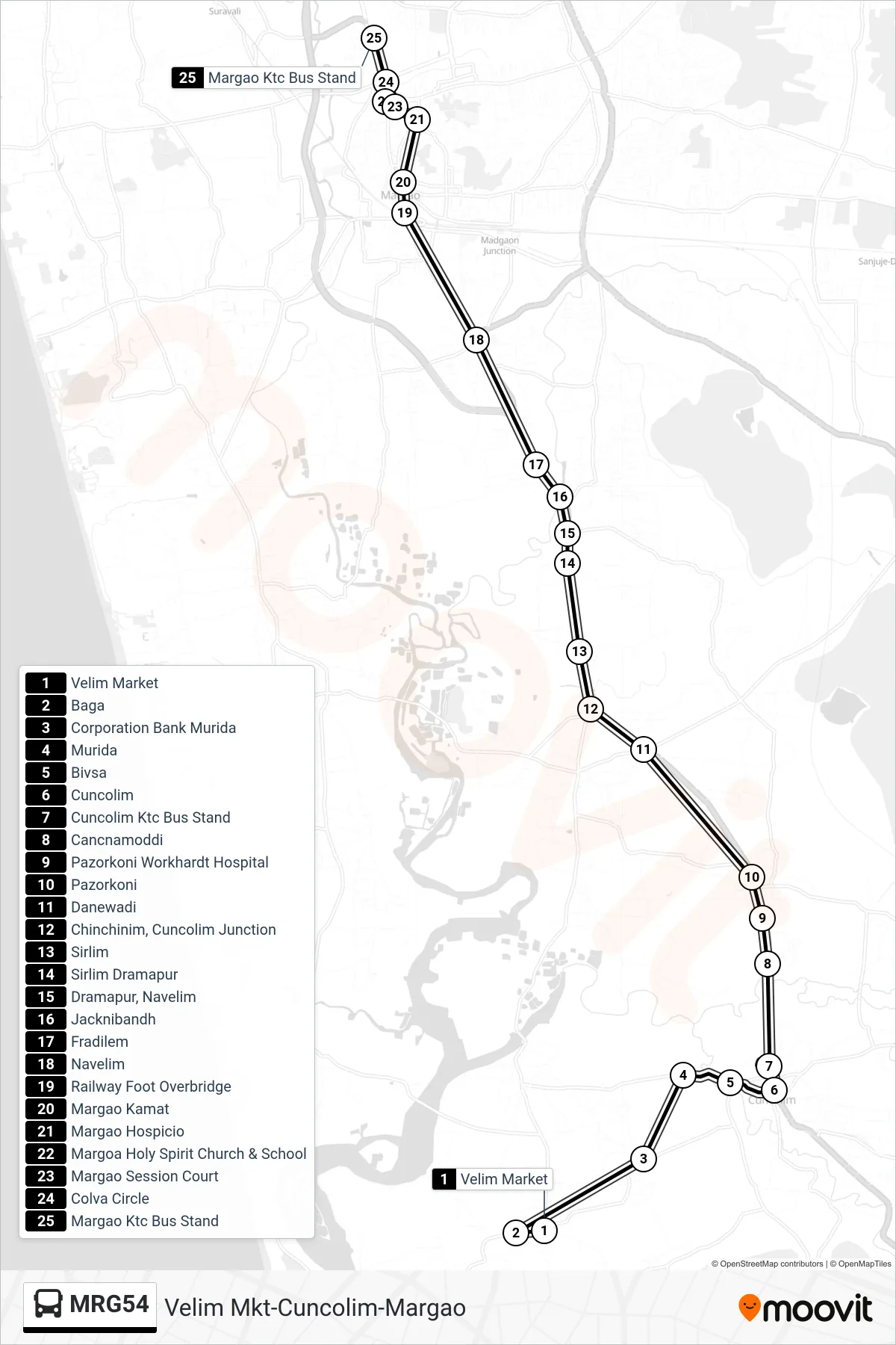 MRG54 bus Line (Velim Mkt-Cuncolim-Margao) route and stops on a map