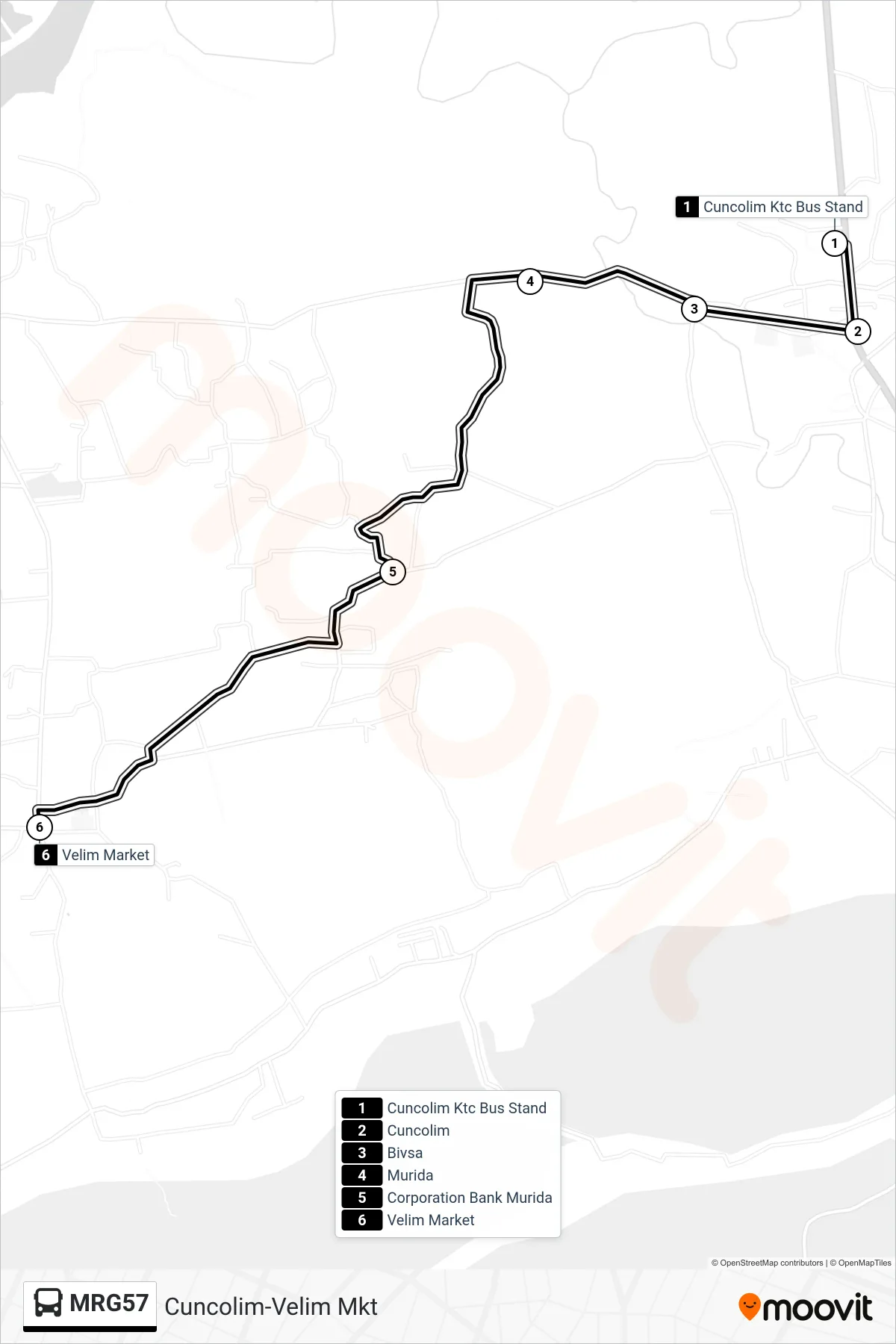 MRG57 bus Line (Cuncolim-Velim Mkt) route and stops on a map