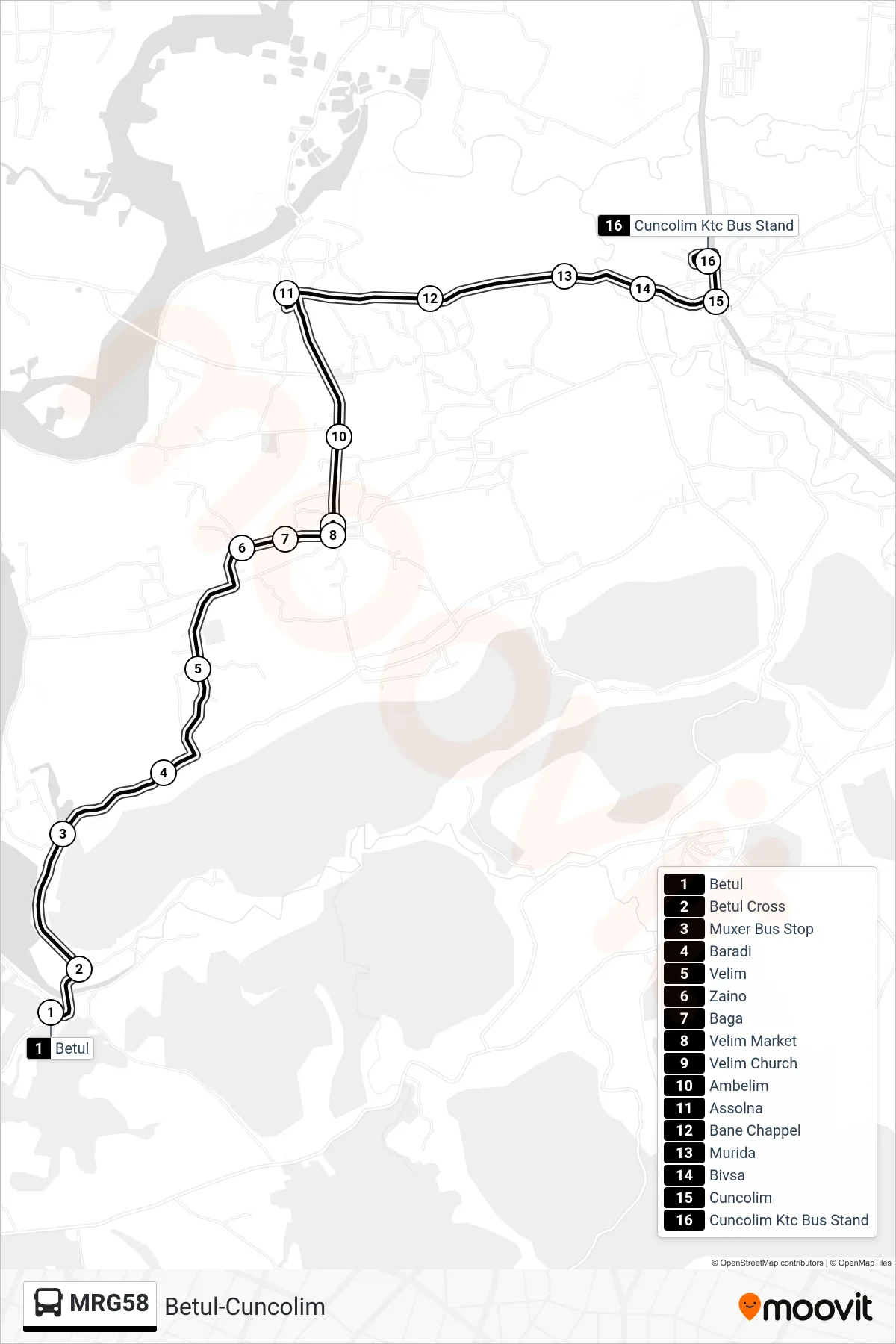 MRG58 bus Line (Betul-Cuncolim) route and stops on a map