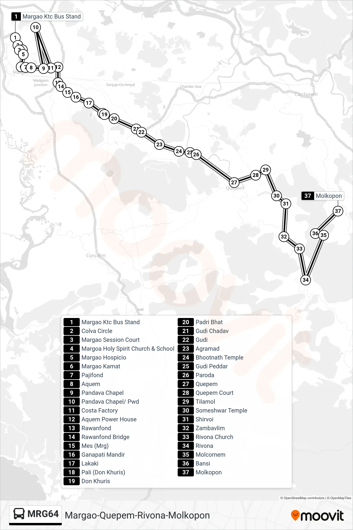 MRG64 bus Line (Margao-Quepem-Rivona-Molkopon) route and stops on a map