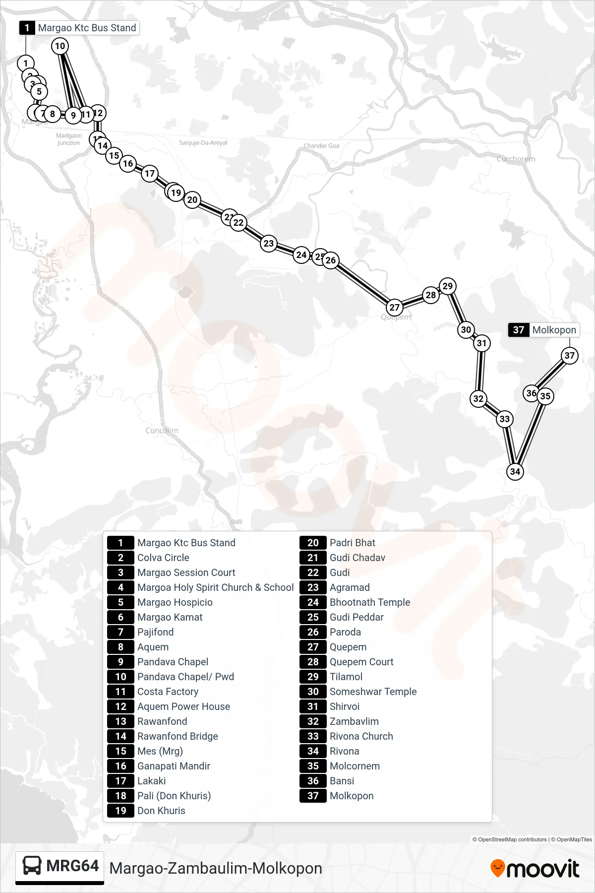 MRG64 bus Line (Margao-Zambaulim-Molkopon) route and stops on a map