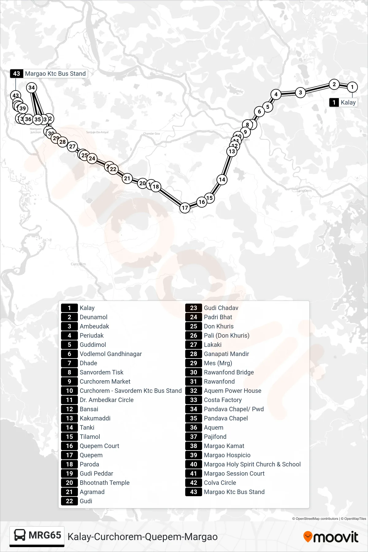 MRG65 bus Line (Kalay-Curchorem-Quepem-Margao) route and stops on a map