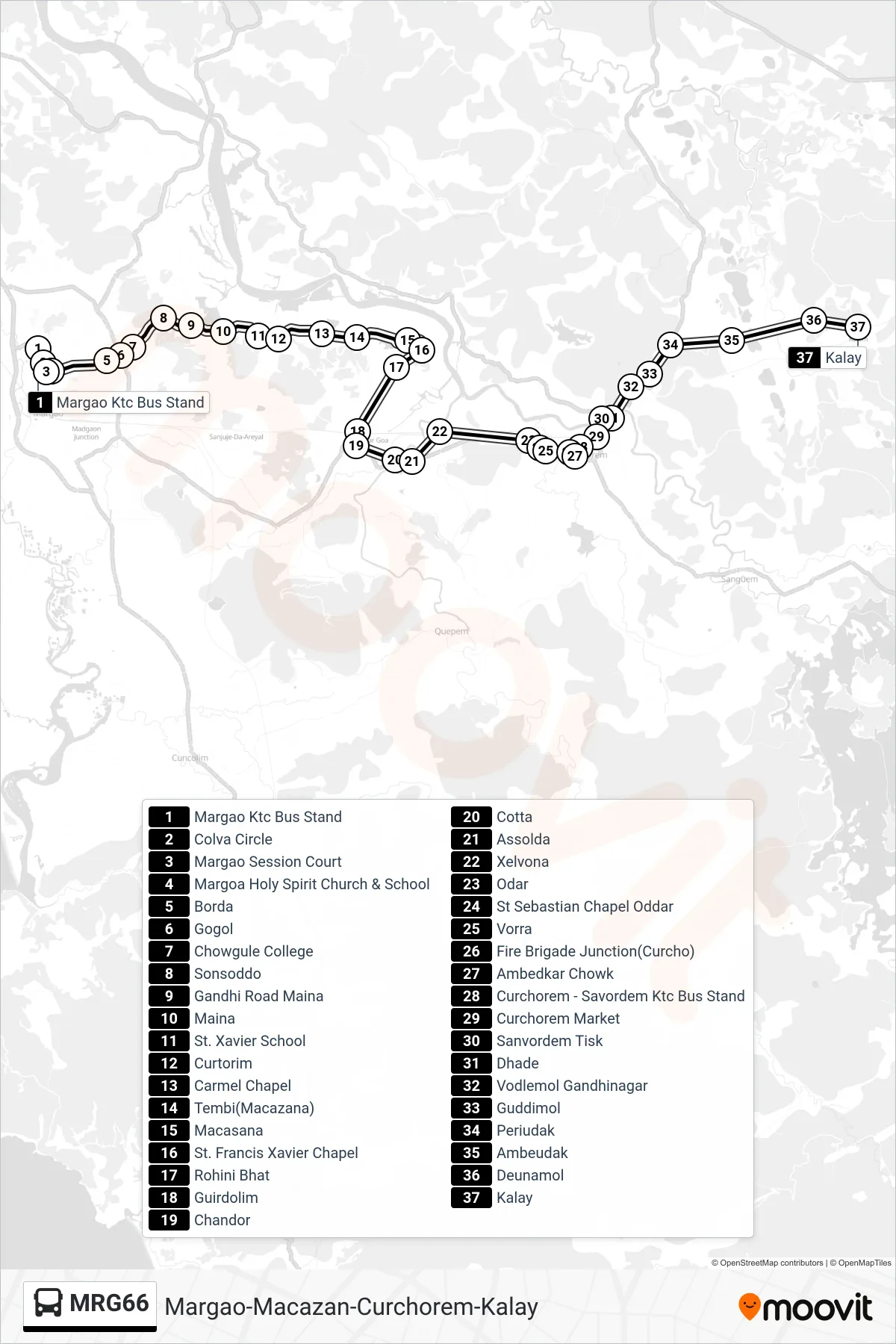MRG66 bus Line (Margao-Macazan-Curchorem-Kalay) route and stops on a map