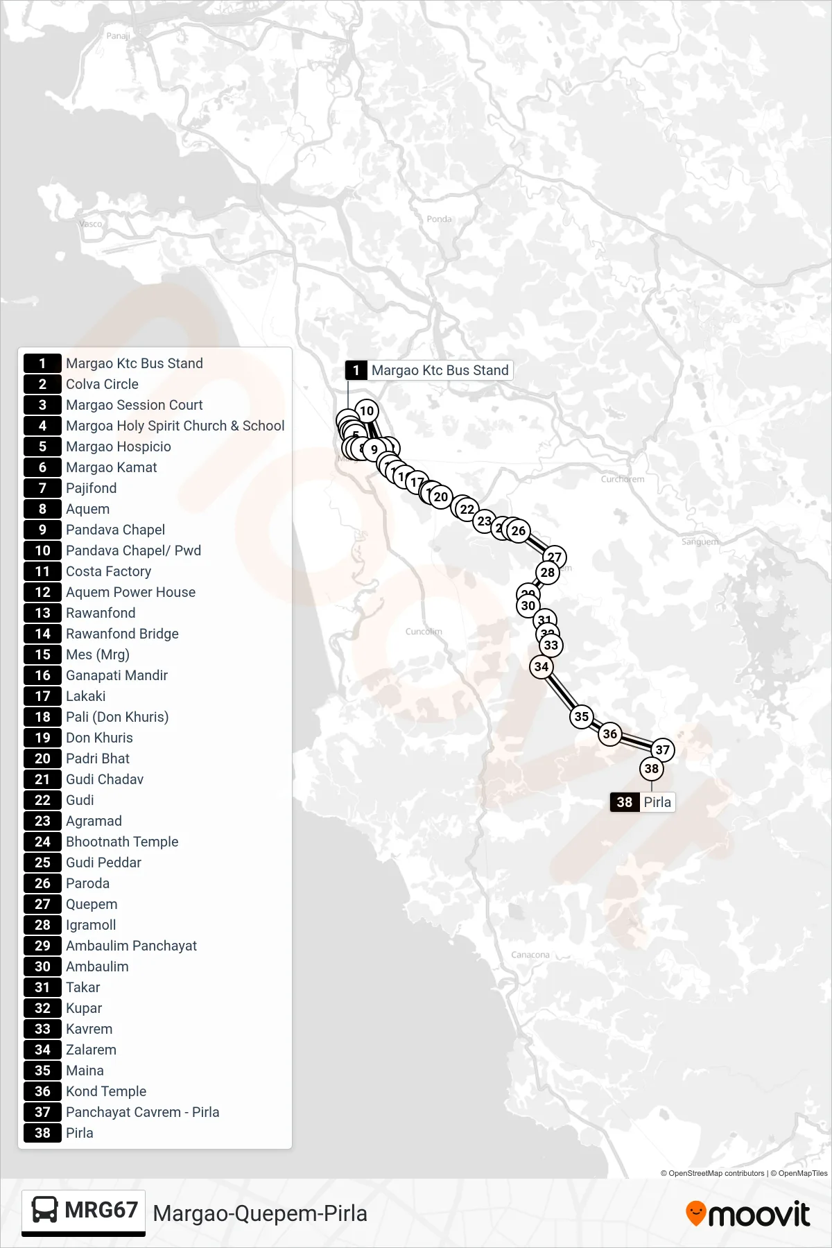 MRG67 bus Line (Margao-Quepem-Pirla) route and stops on a map