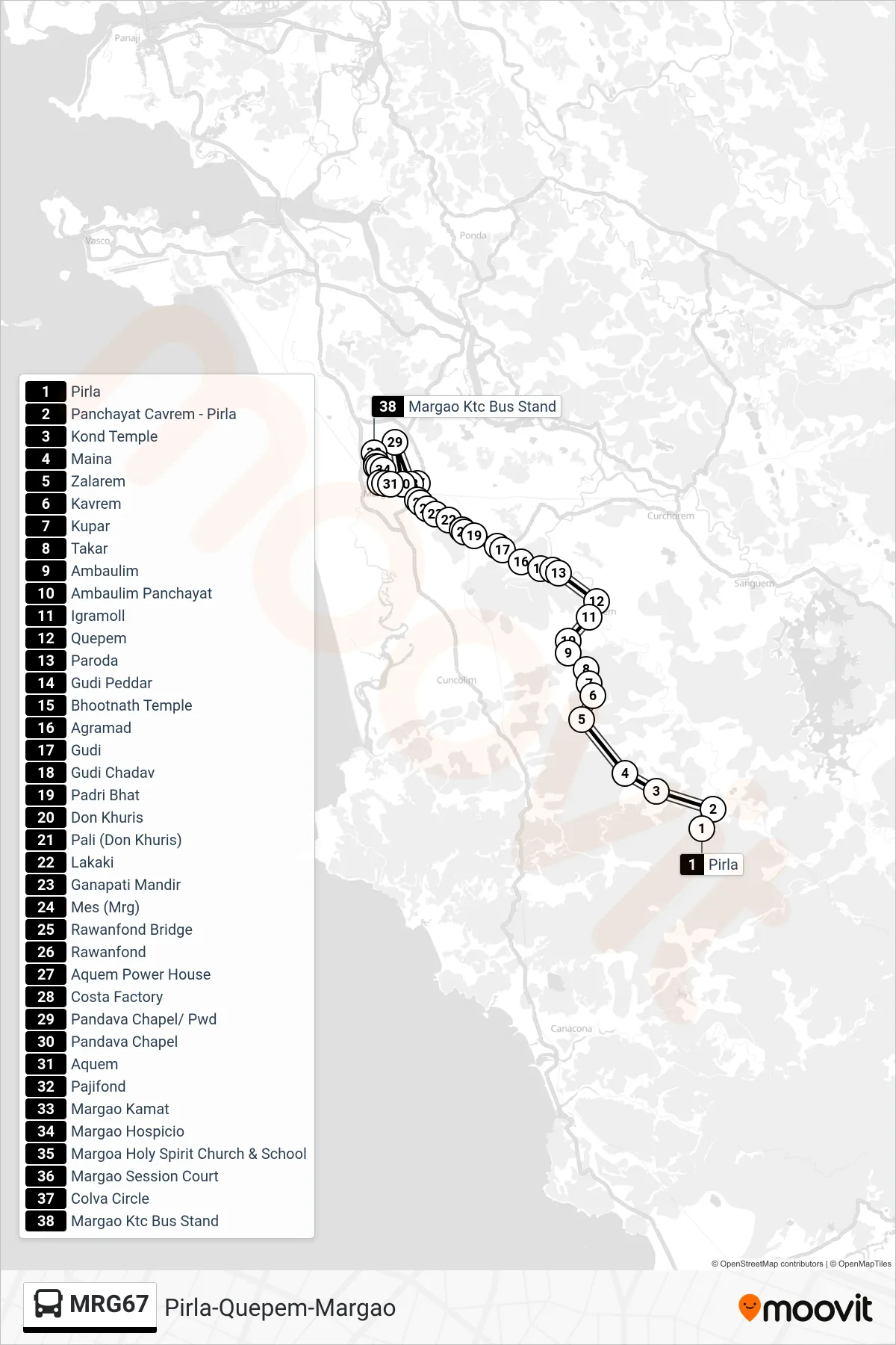 MRG67 bus Line (Pirla-Quepem-Margao) route and stops on a map