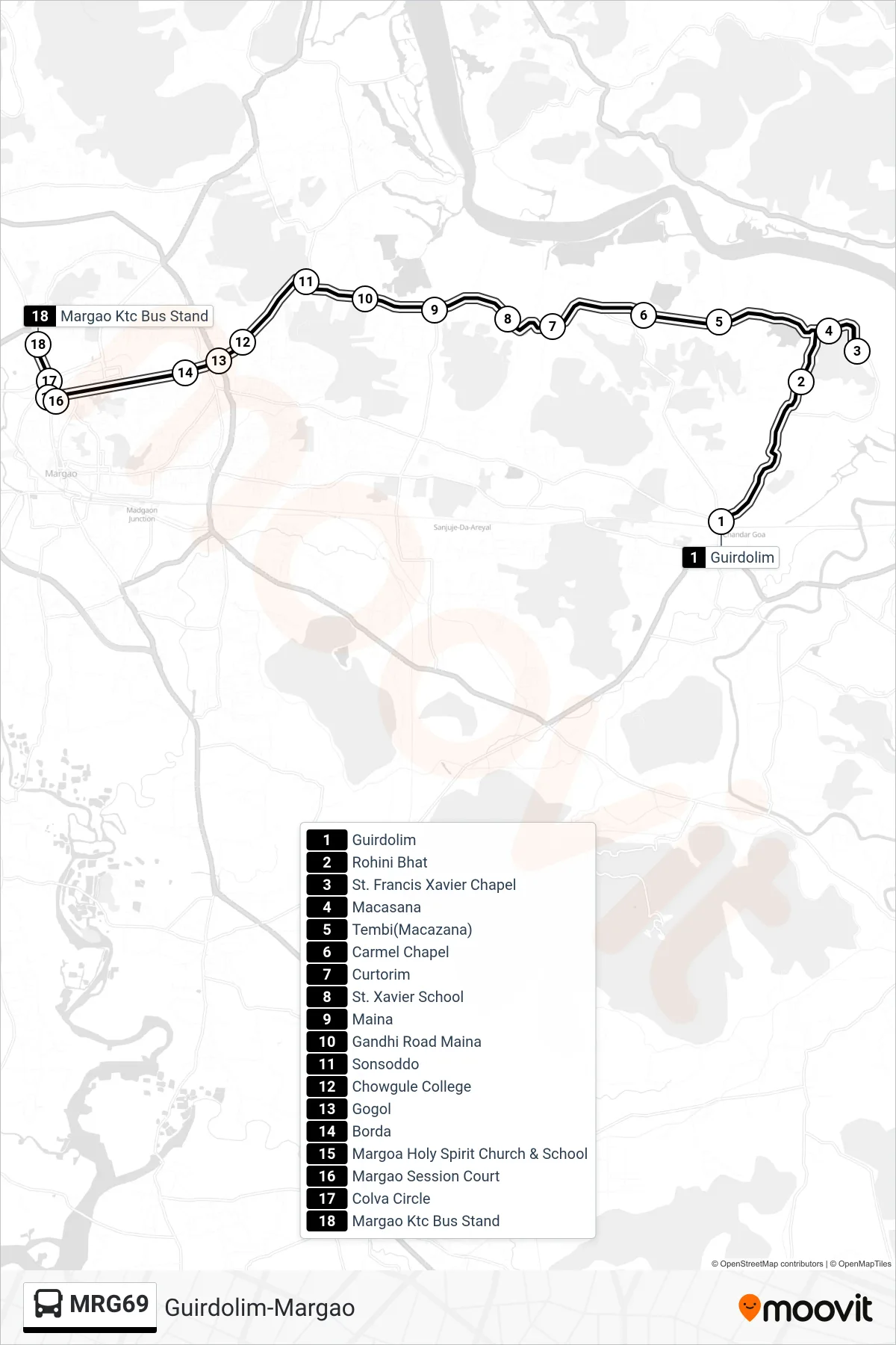 MRG69 bus Line (Guirdolim-Margao) route and stops on a map
