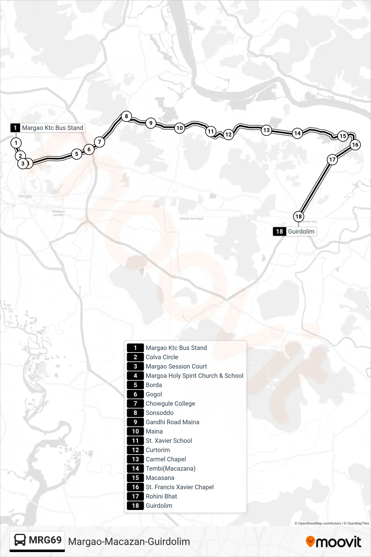 MRG69 bus Line (Margao-Macazan-Guirdolim) route and stops on a map
