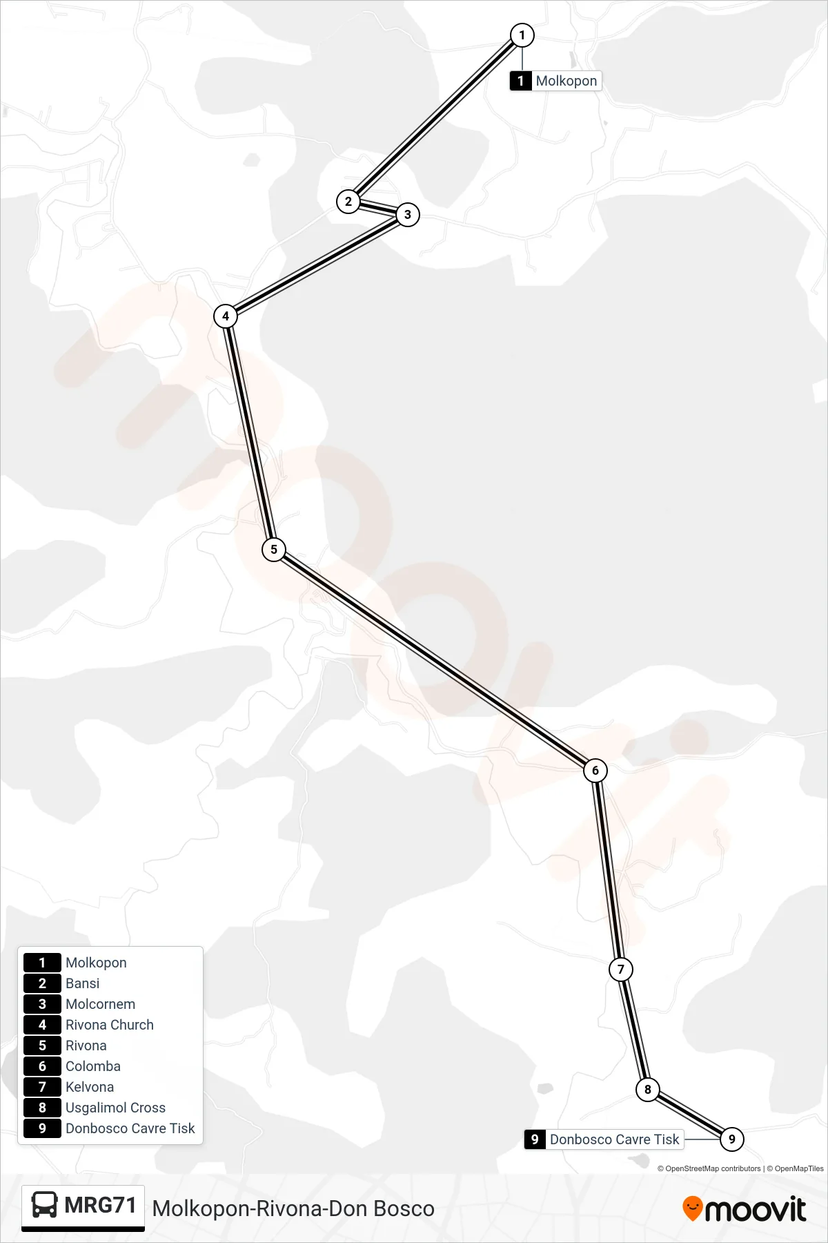 MRG71 bus Line (Molkopon-Rivona-Don Bosco) route and stops on a map