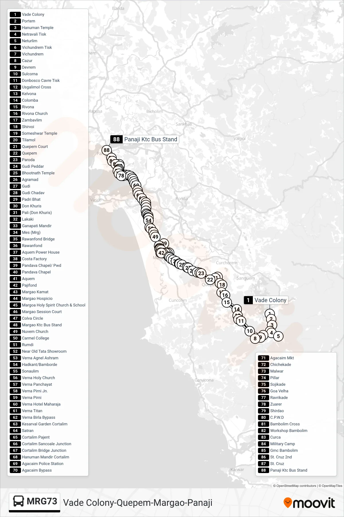 MRG73 bus Line (Vade Colony-Quepem-Margao-Panaji) route and stops on a map