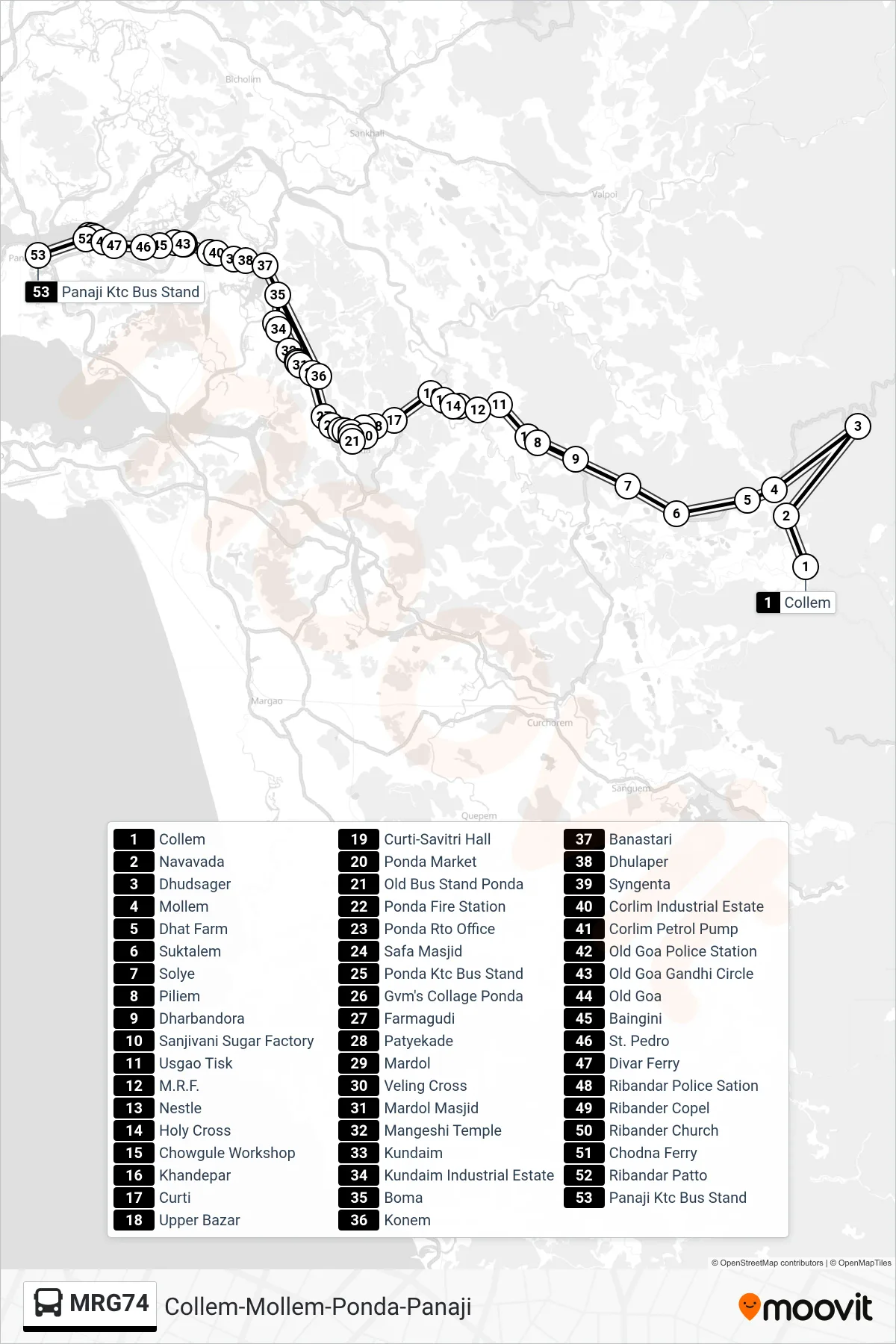 MRG74 bus Line (Collem-Mollem-Ponda-Panaji) route and stops on a map