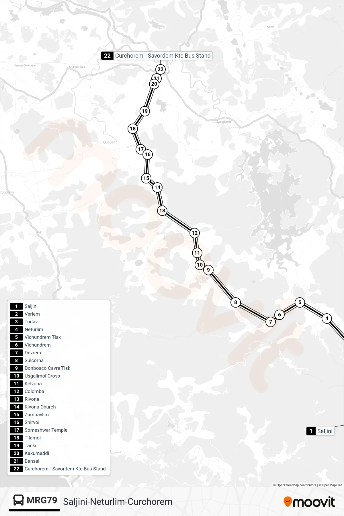 MRG79 bus Line (Saljini-Neturlim-Curchorem) route and stops on a map
