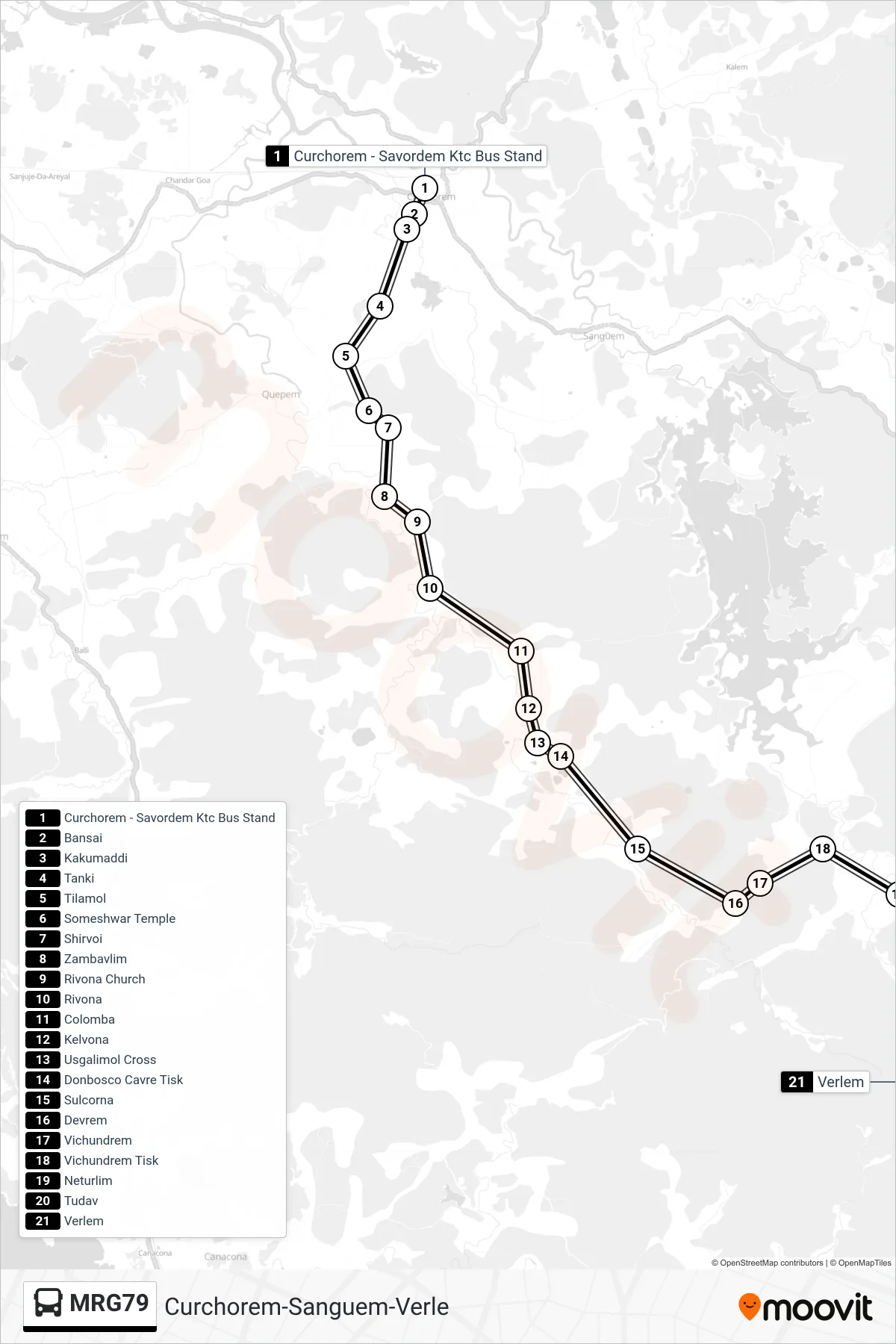 MRG79 bus Line (Curchorem-Sanguem-Verle) route and stops on a map