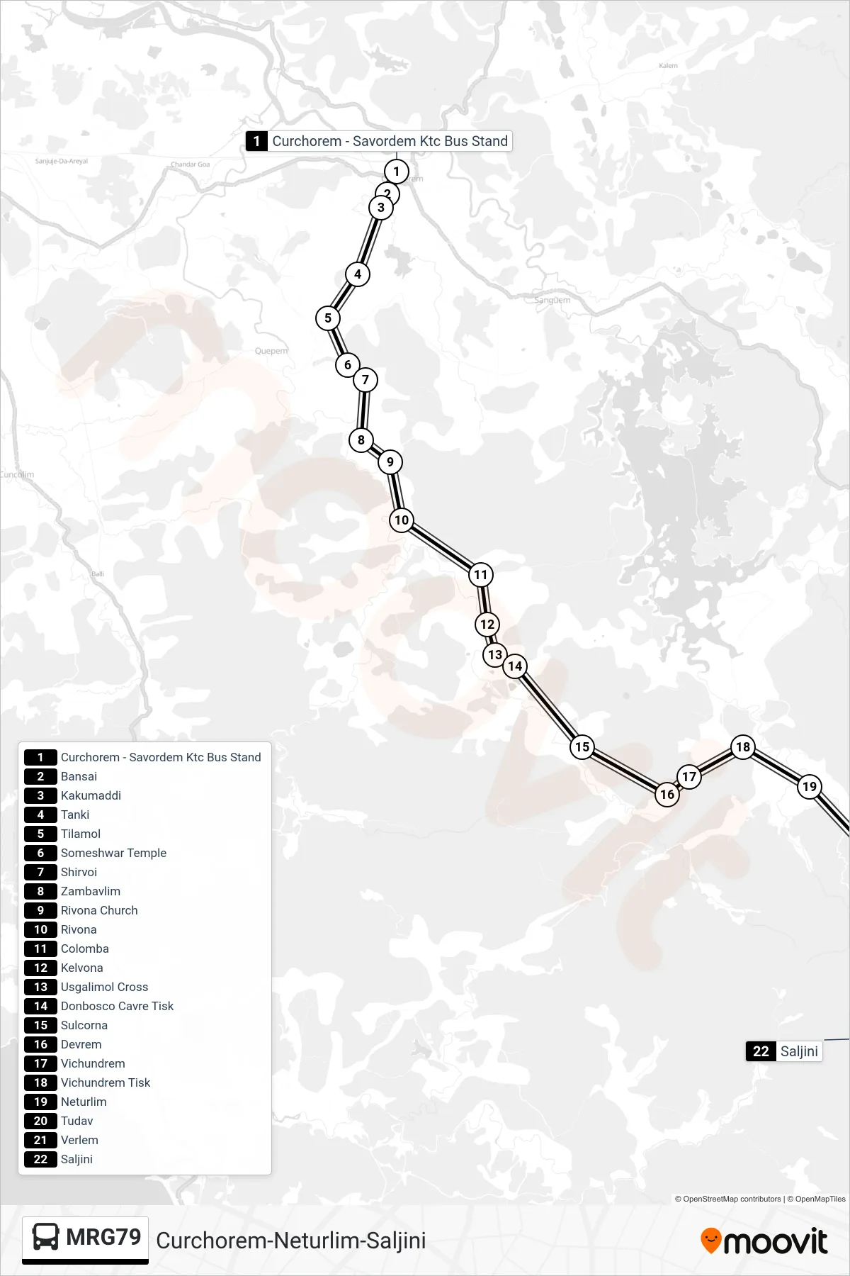 MRG79 bus Line (Curchorem-Neturlim-Saljini) route and stops on a map