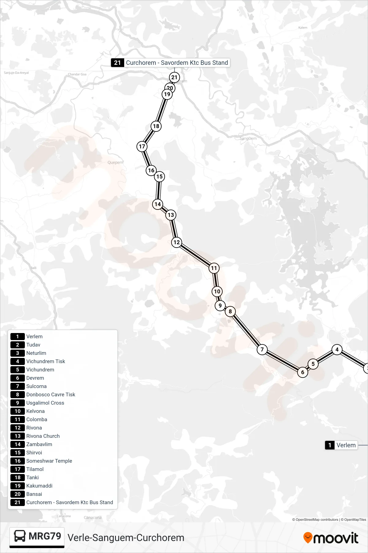 MRG79 bus Line (Verle-Sanguem-Curchorem) route and stops on a map