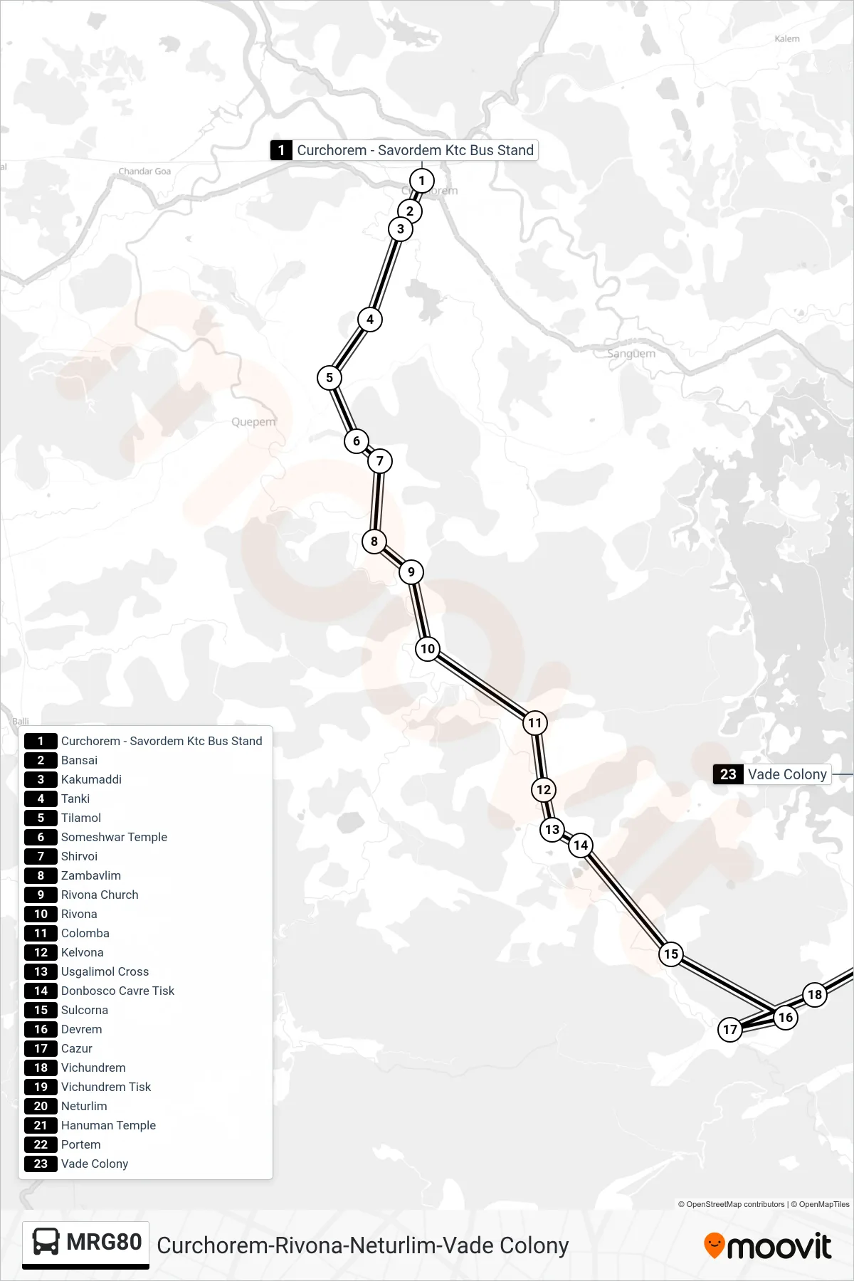 MRG80 bus Line (Curchorem-Rivona-Neturlim-Vade Colony) route and stops on a map