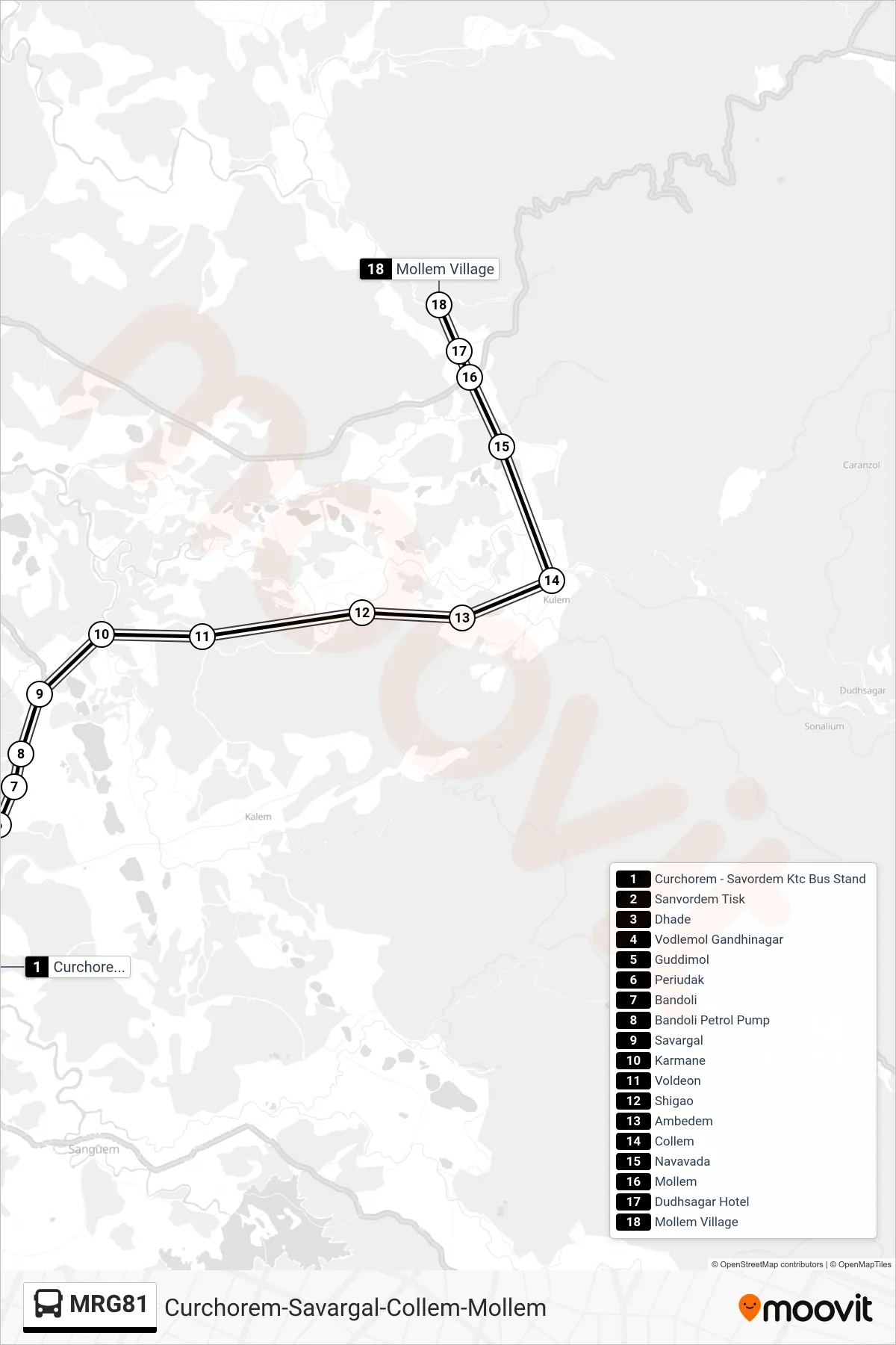 MRG81 bus Line (Curchorem-Savargal-Collem-Mollem) route and stops on a map