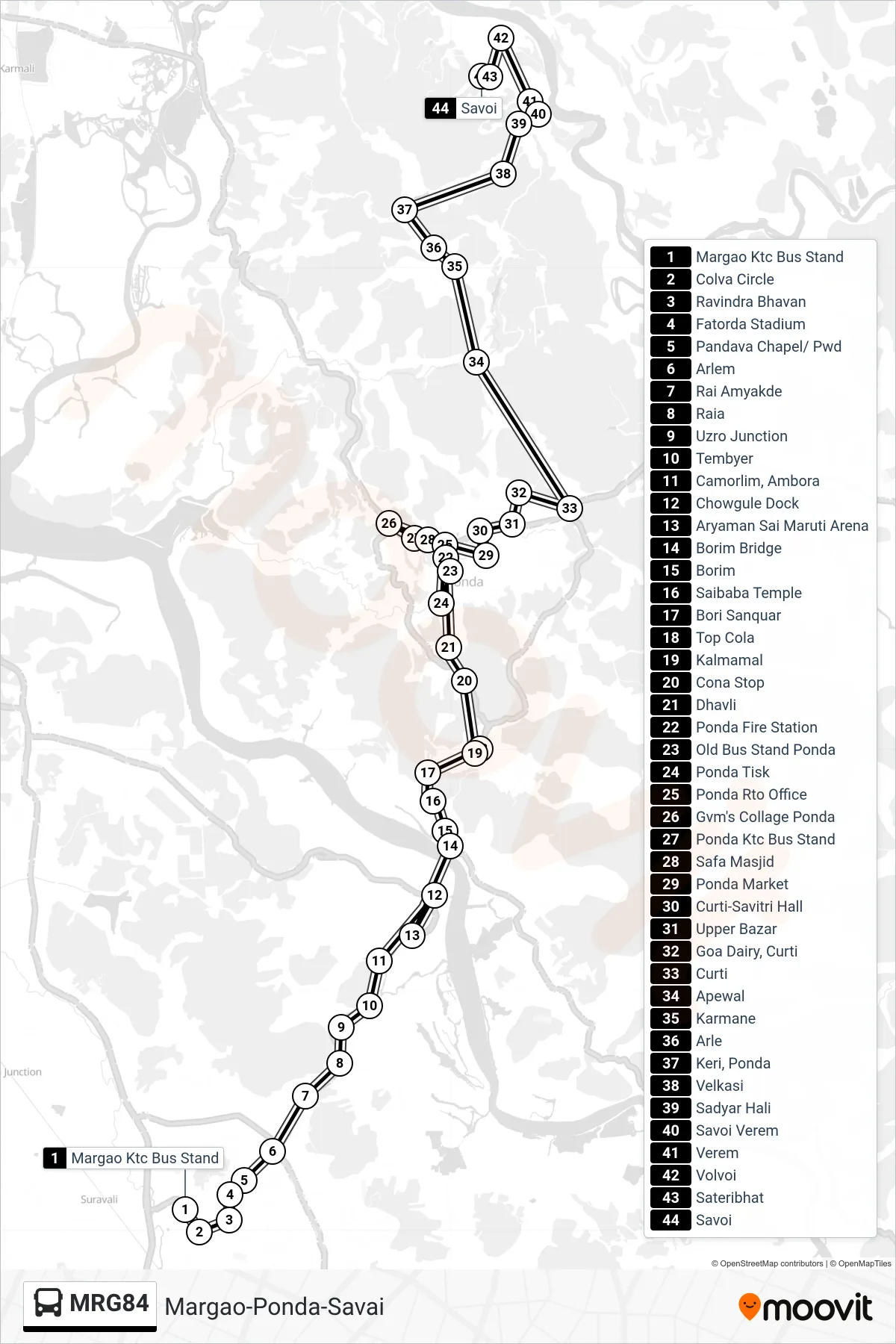 MRG84 bus Line (Margao-Ponda-Savai) route and stops on a map
