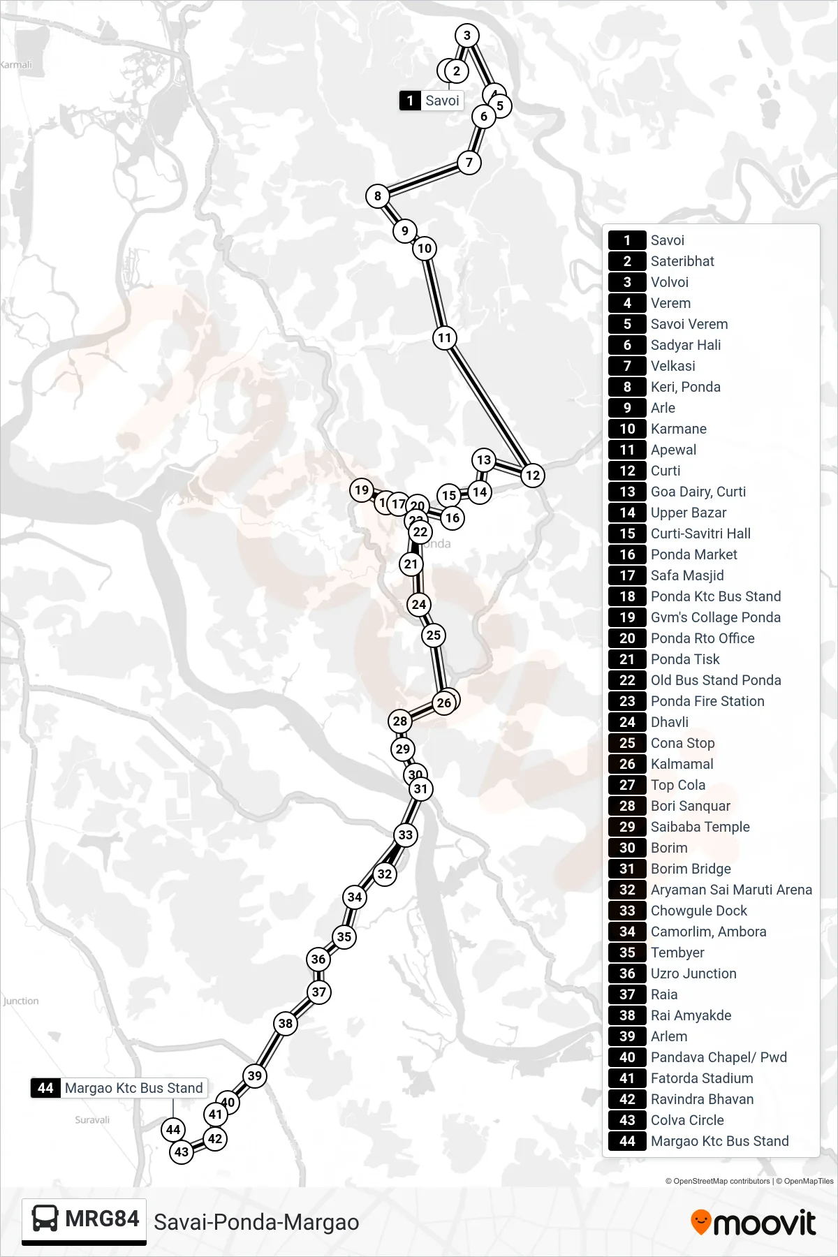 MRG84 bus Line (Savai-Ponda-Margao) route and stops on a map