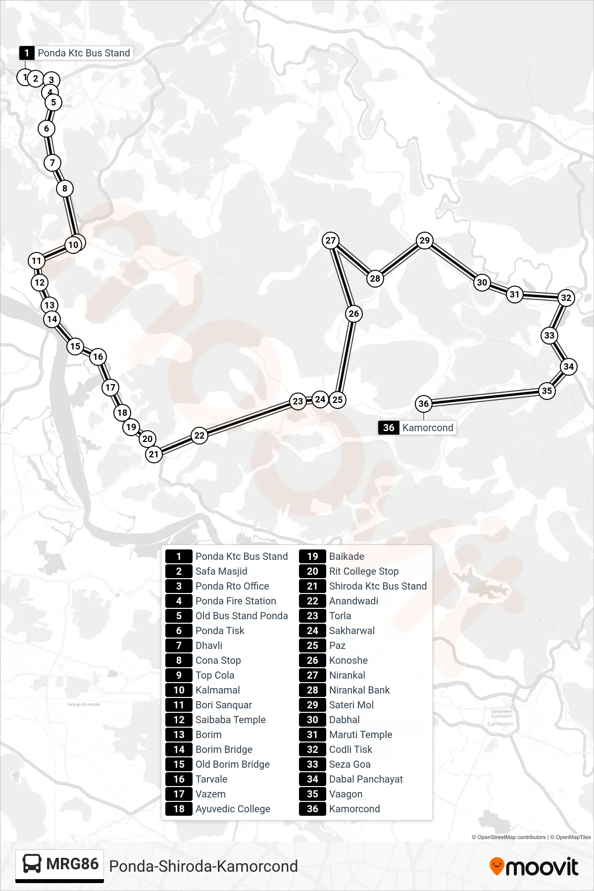 MRG86 bus Line (Ponda-Shiroda-Kamorcond) route and stops on a map