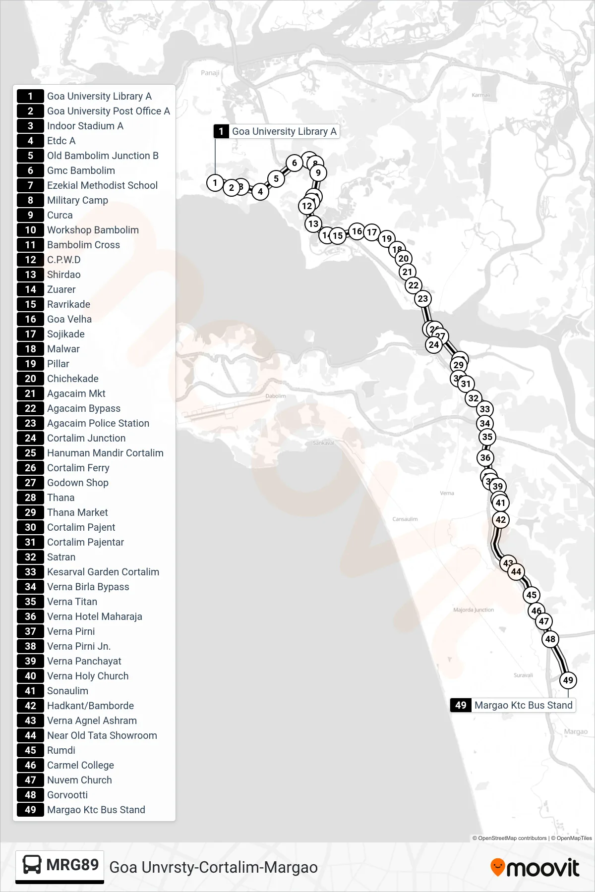 MRG89 bus Line (Goa Unvrsty-Cortalim-Margao) route and stops on a map