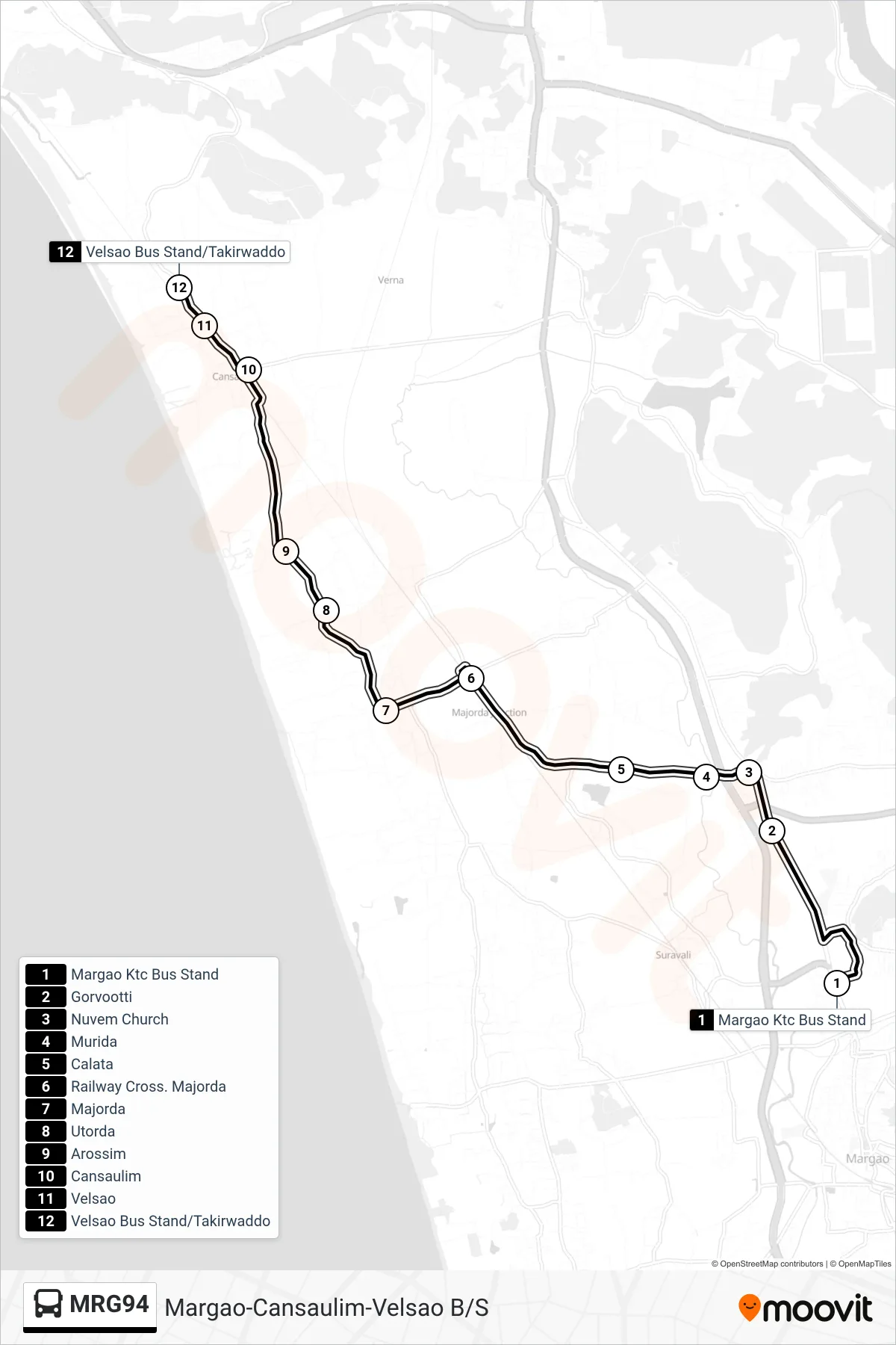 MRG94 bus Line (Margao-Cansaulim-Velsao B/S) route and stops on a map