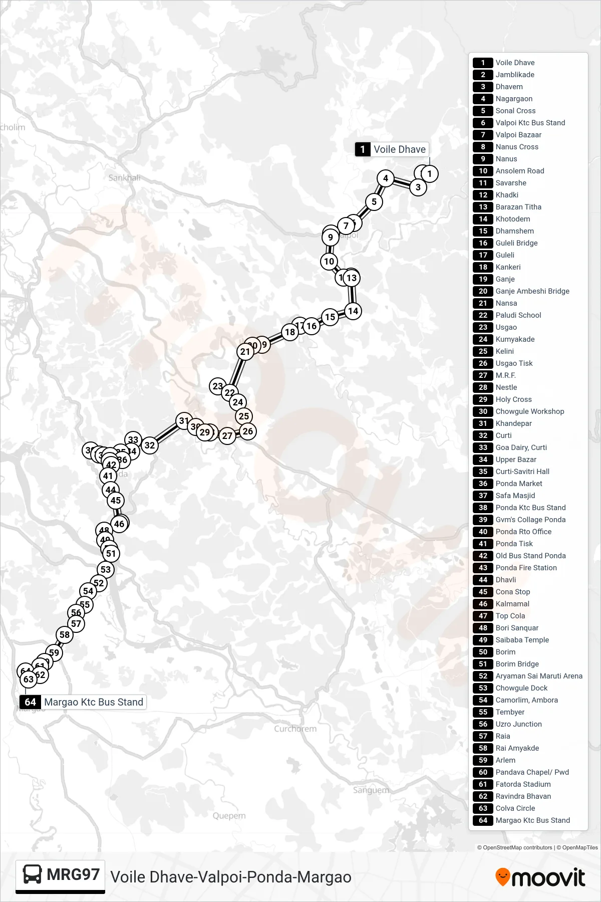 MRG97 bus Line (Voile Dhave-Valpoi-Ponda-Margao) route and stops on a map