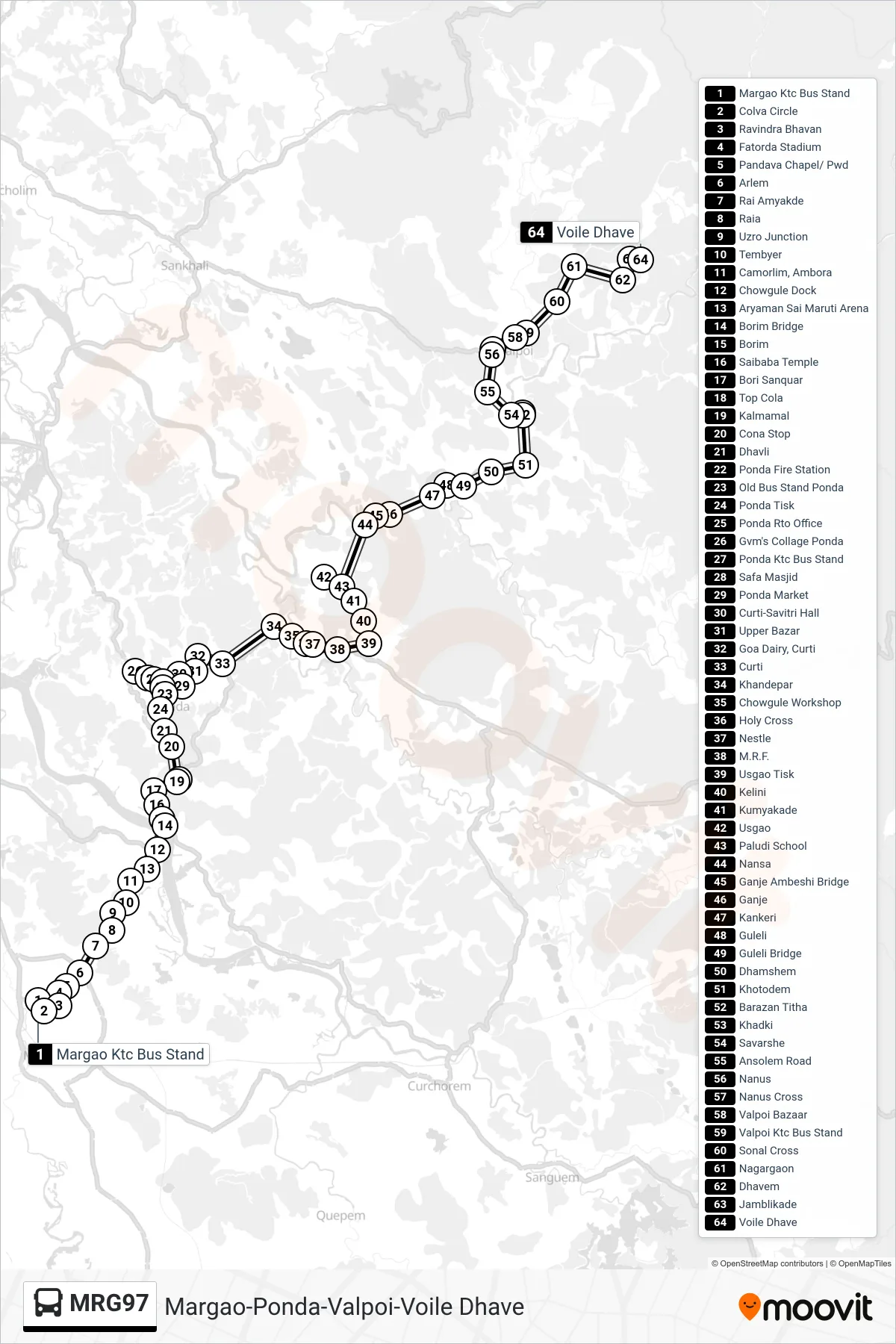 MRG97 bus Line (Margao-Ponda-Valpoi-Voile Dhave) route and stops on a map