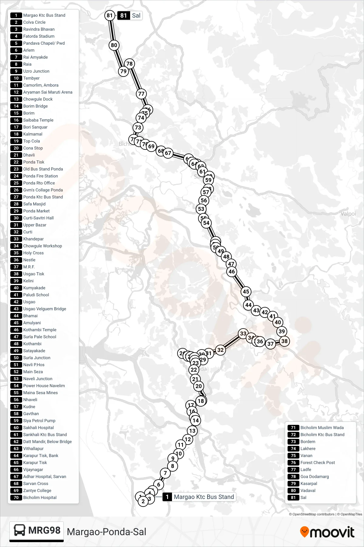 MRG98 bus Line (Margao-Ponda-Sal) route and stops on a map