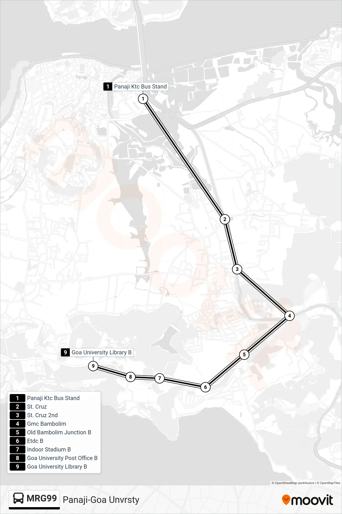 MRG99 bus Line (Panaji-Goa Unvrsty) route and stops on a map