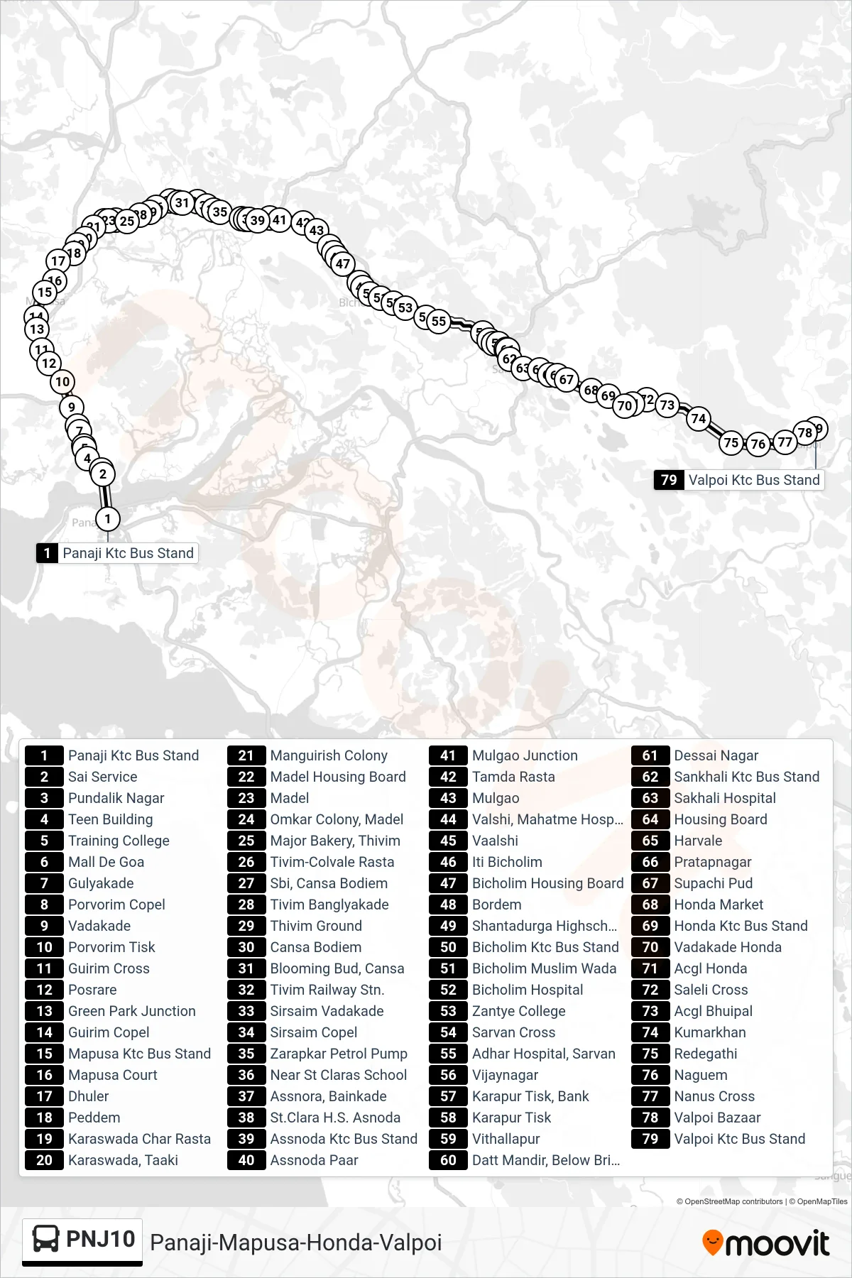 PNJ10 bus Line (Panaji-Mapusa-Honda-Valpoi) route and stops on a map