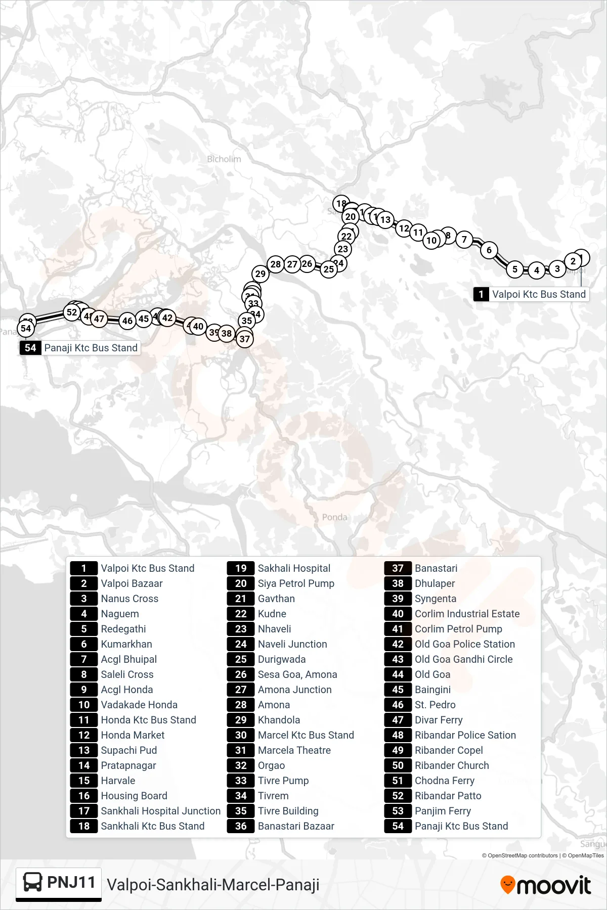 PNJ11 bus Line (Valpoi-Sankhali-Marcel-Panaji) route and stops on a map