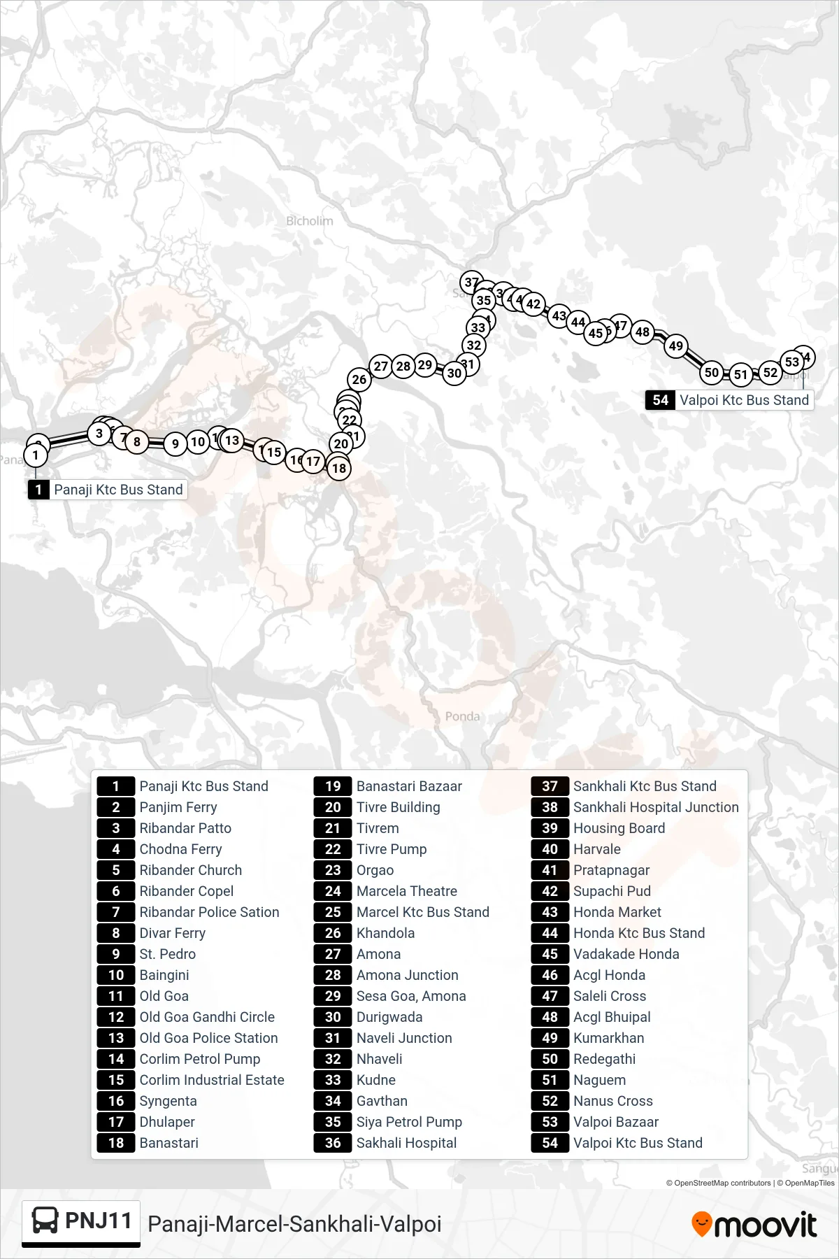 PNJ11 bus Line (Panaji-Marcel-Sankhali-Valpoi) route and stops on a map