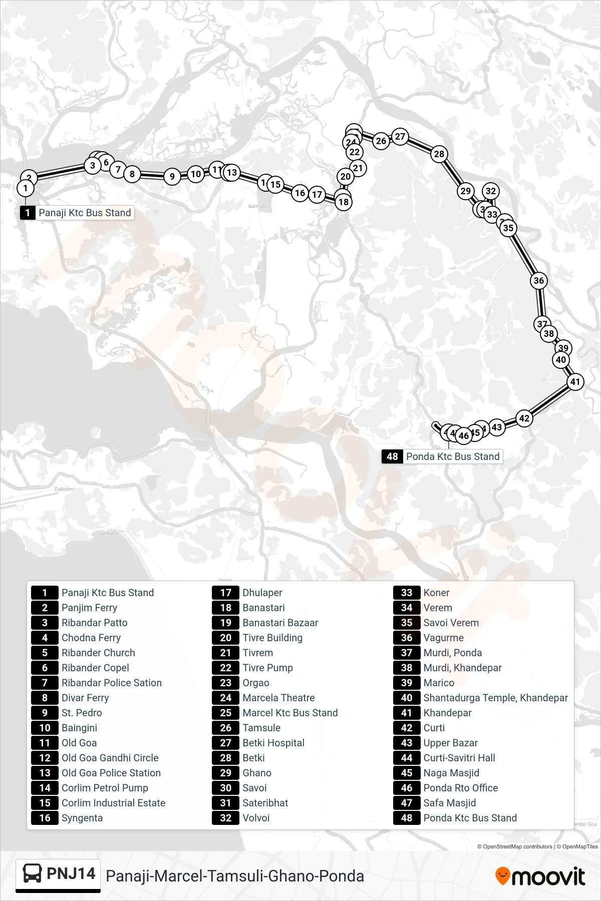 PNJ14 bus Line (Panaji-Marcel-Tamsuli-Ghano-Ponda) route and stops on a map