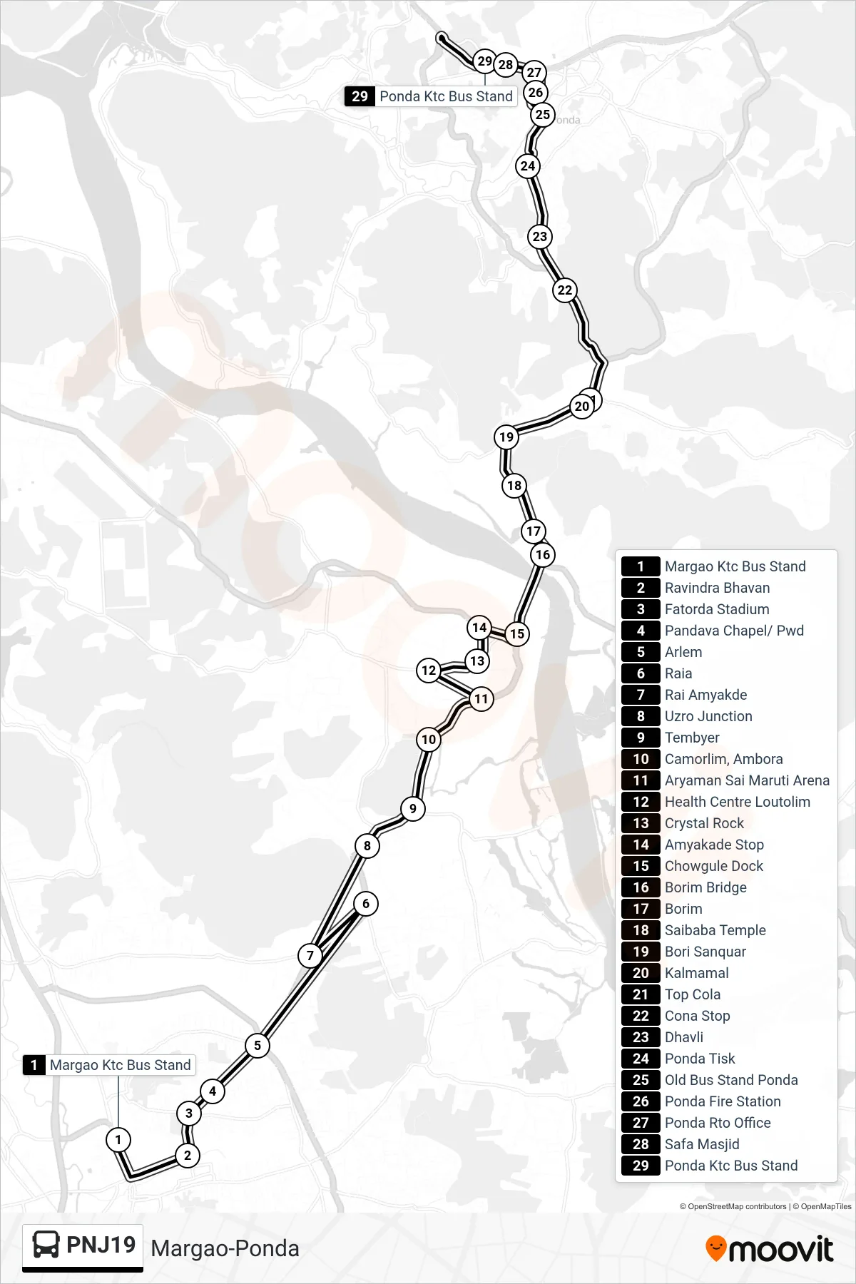 PNJ19 bus Line (Margao-Ponda) route and stops on a map