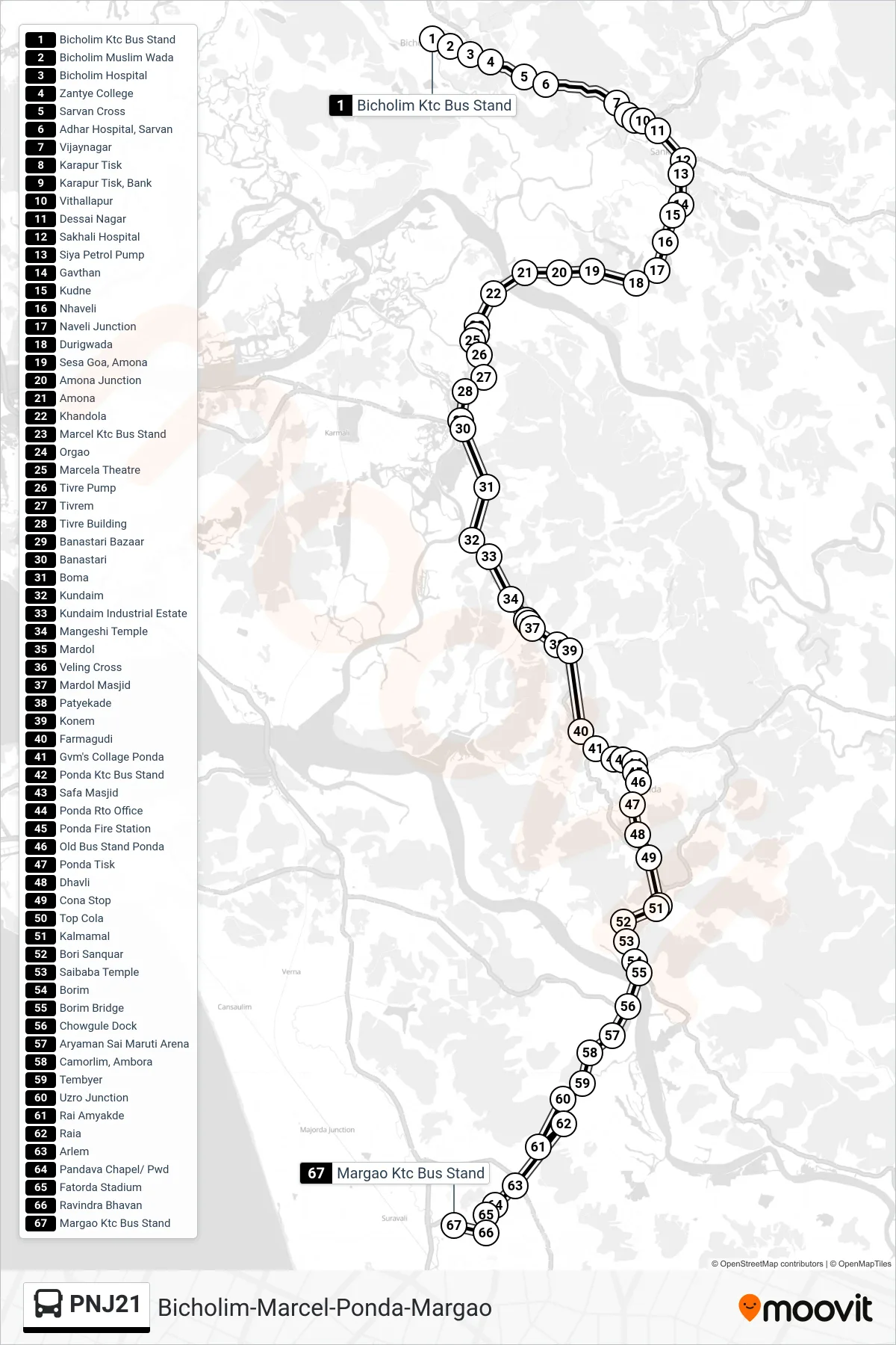 PNJ21 bus Line (Bicholim-Marcel-Ponda-Margao) route and stops on a map