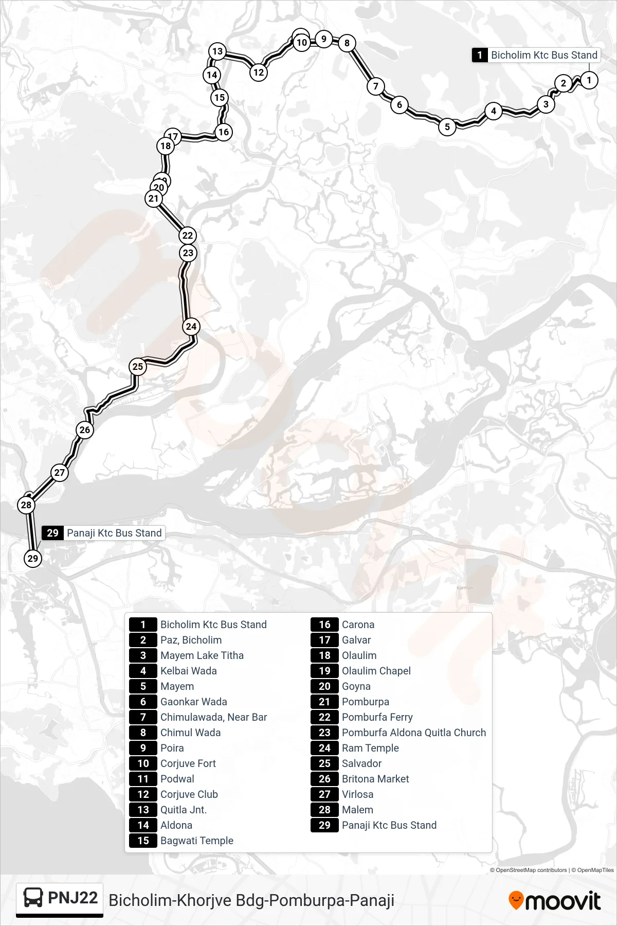 PNJ22 bus Line (Bicholim-Khorjve Bdg-Pomburpa-Panaji) route and stops on a map