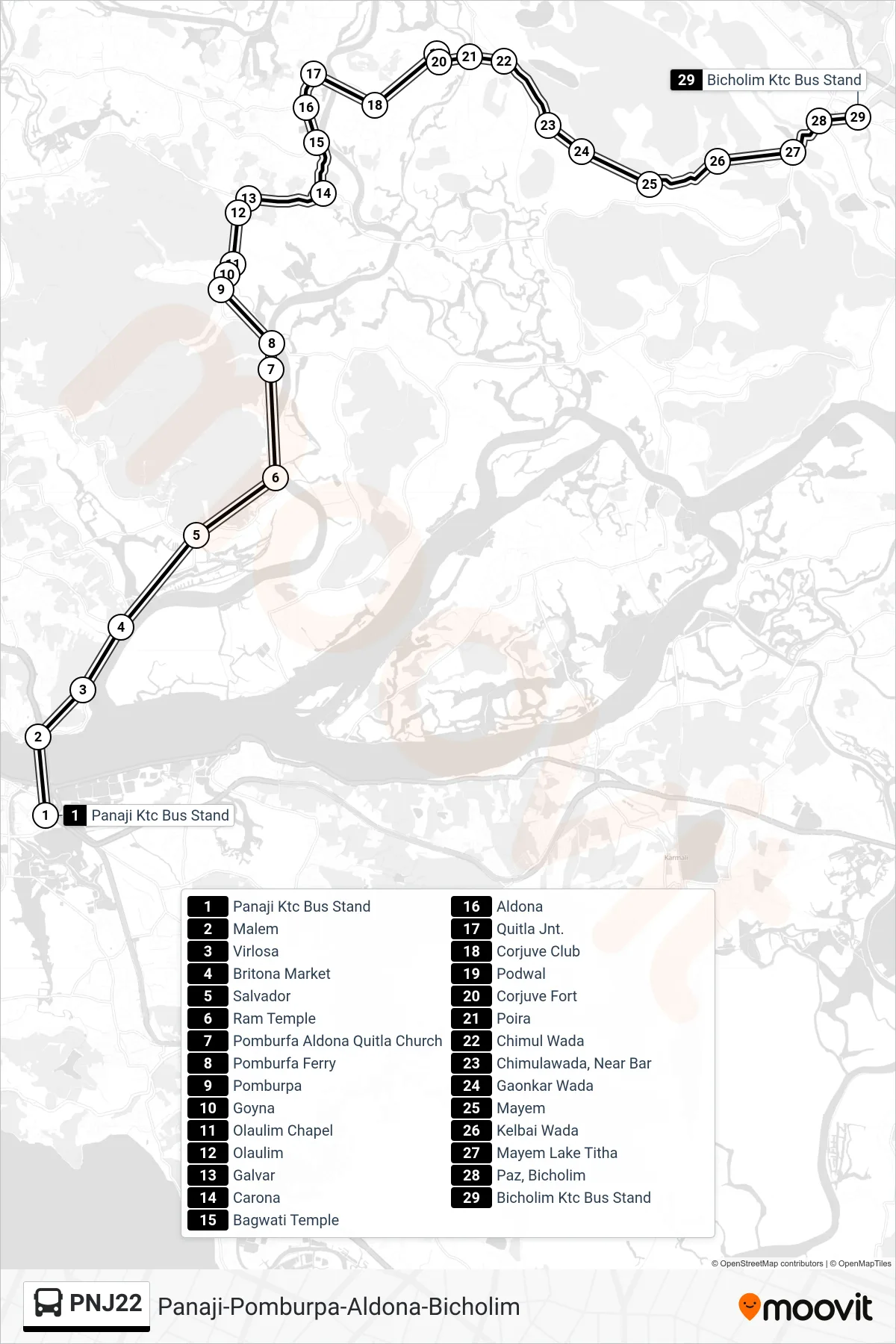 PNJ22 bus Line (Panaji-Pomburpa-Aldona-Bicholim) route and stops on a map