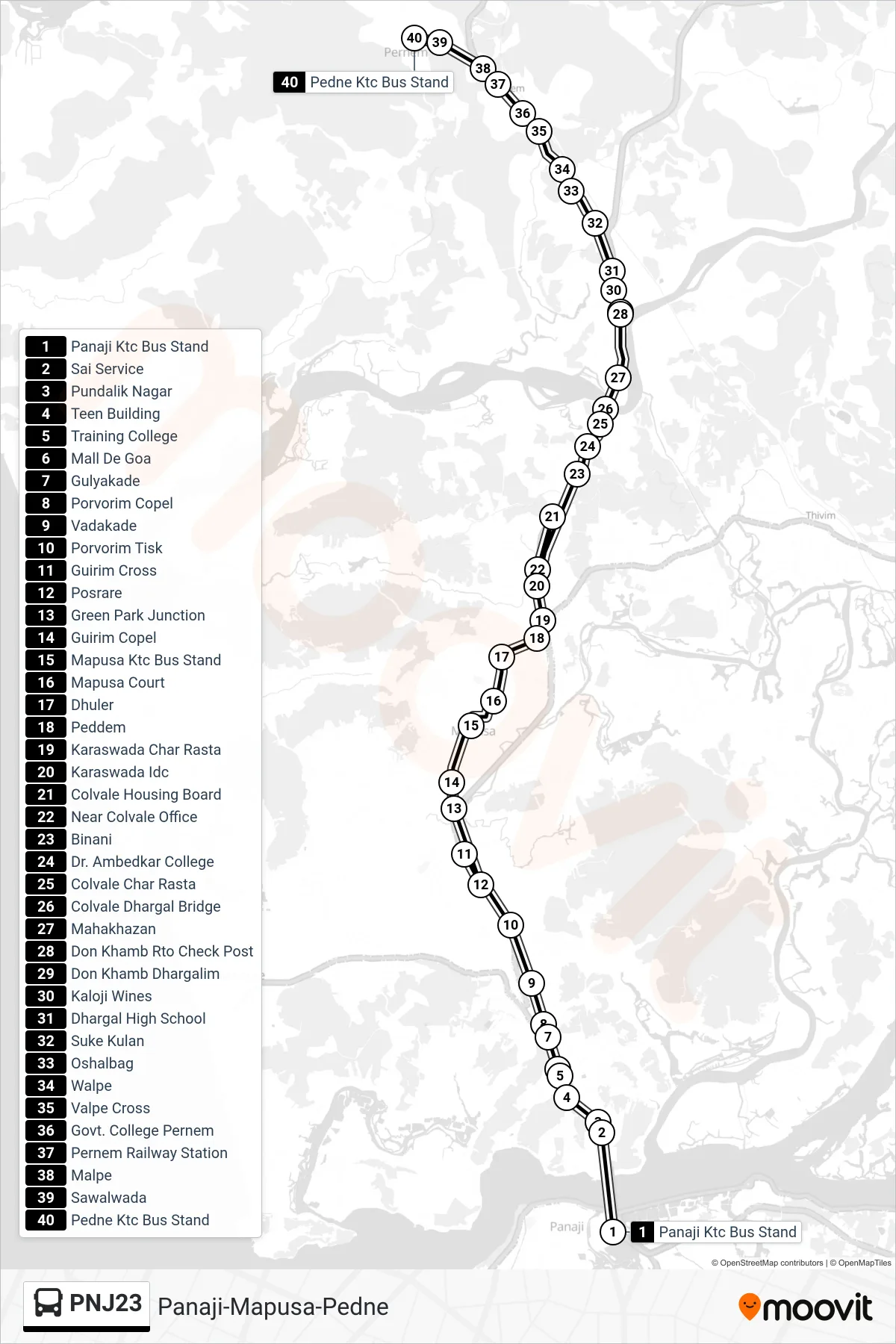 PNJ23 bus Line (Panaji-Mapusa-Pedne) route and stops on a map