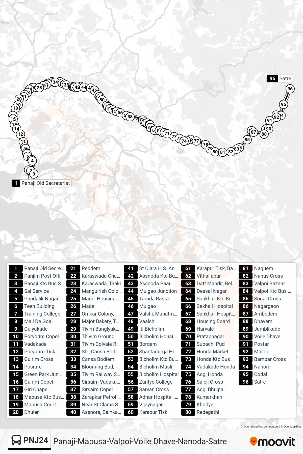 PNJ24 bus Line (Panaji-Mapusa-Valpoi-Voile Dhave-Nanoda-Satre) route and stops on a map