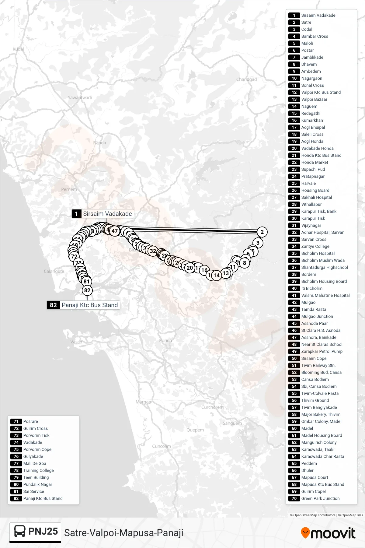 PNJ25 bus Line (Satre-Valpoi-Mapusa-Panaji) route and stops on a map