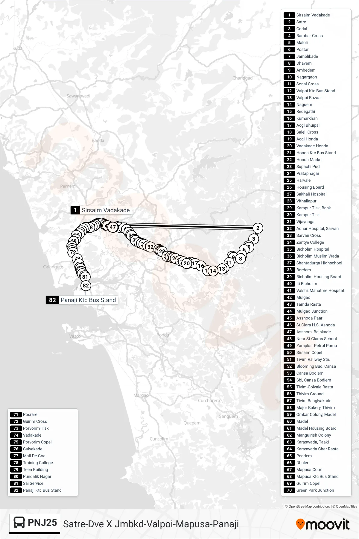 PNJ25 bus Line (Satre-Dve X Jmbkd-Valpoi-Mapusa-Panaji) route and stops on a map