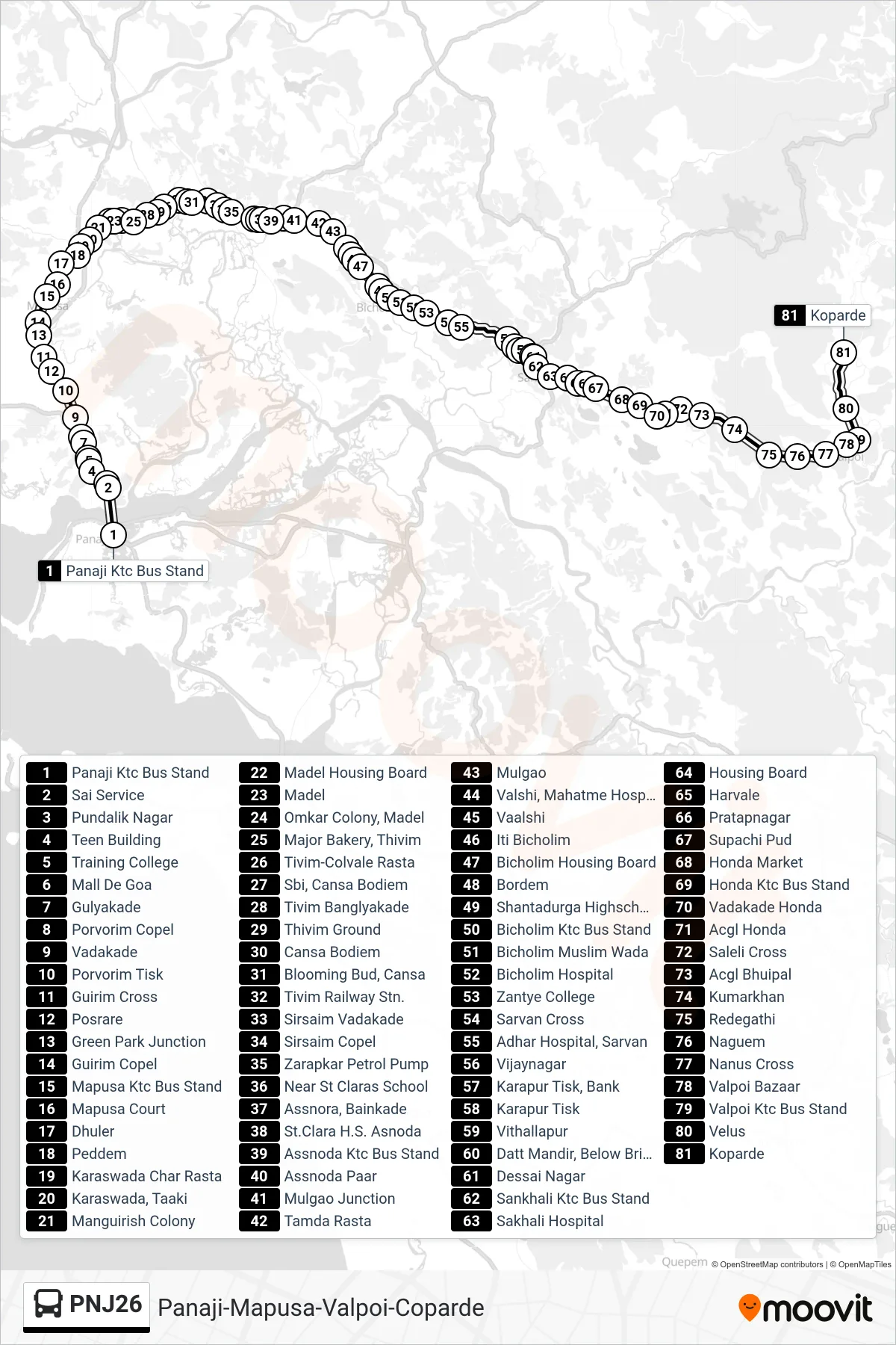PNJ26 bus Line (Panaji-Mapusa-Valpoi-Coparde) route and stops on a map