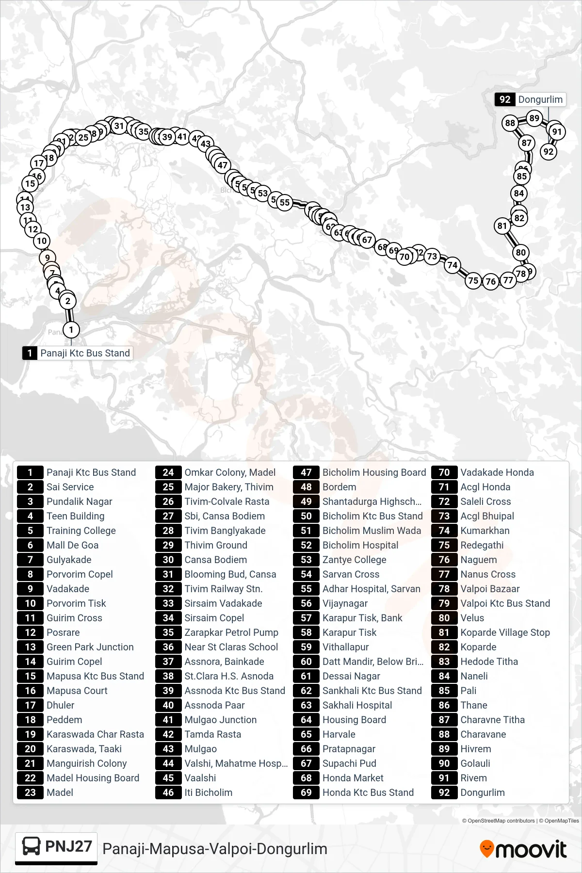 PNJ27 bus Line (Panaji-Mapusa-Valpoi-Dongurlim) route and stops on a map
