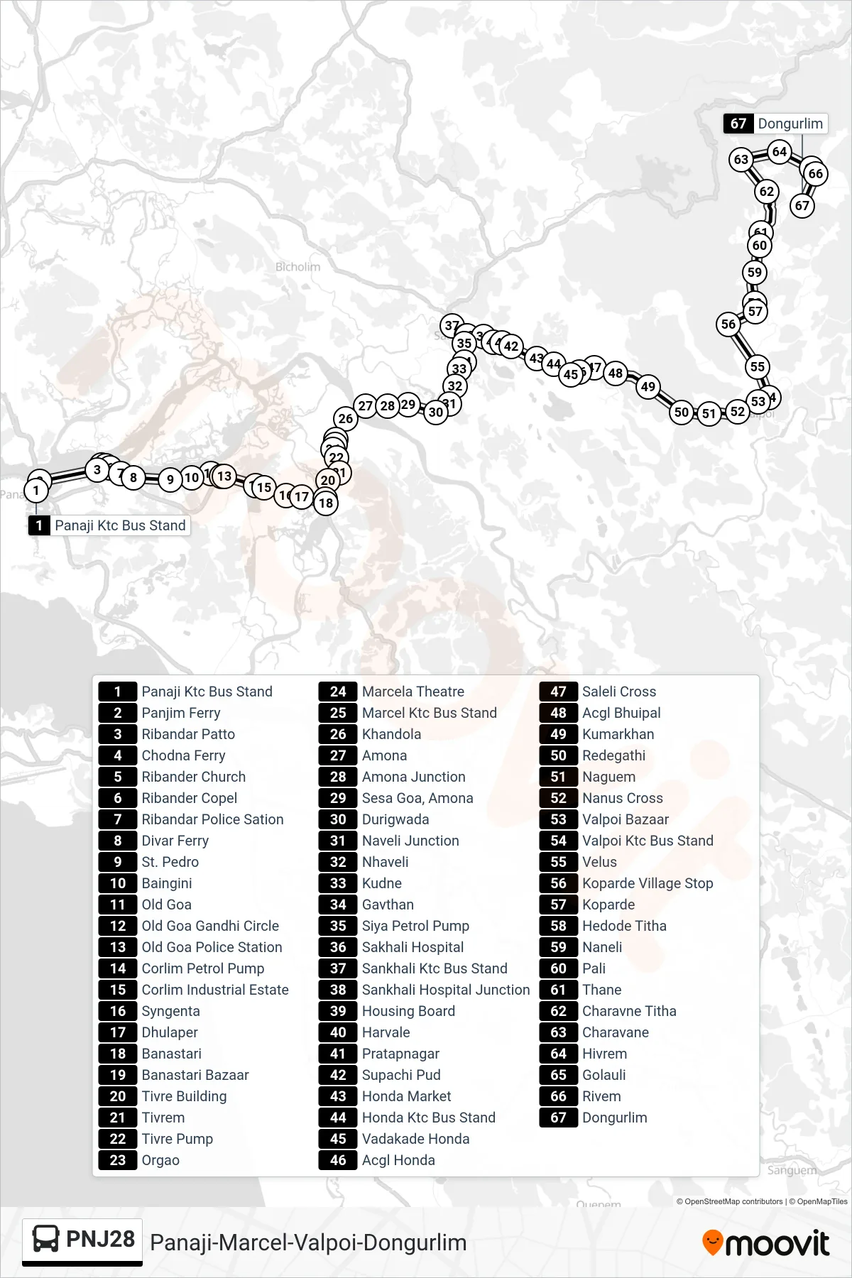 PNJ28 bus Line (Panaji-Marcel-Valpoi-Dongurlim) route and stops on a map