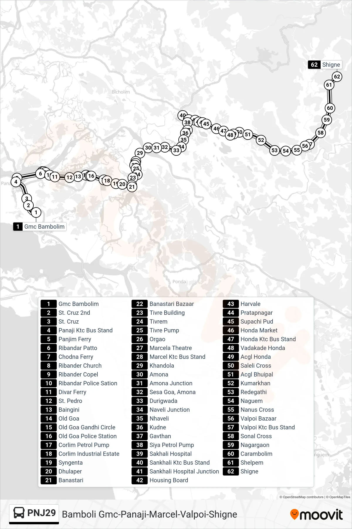 PNJ29 bus Line (Bamboli Gmc-Panaji-Marcel-Valpoi-Shigne) route and stops on a map