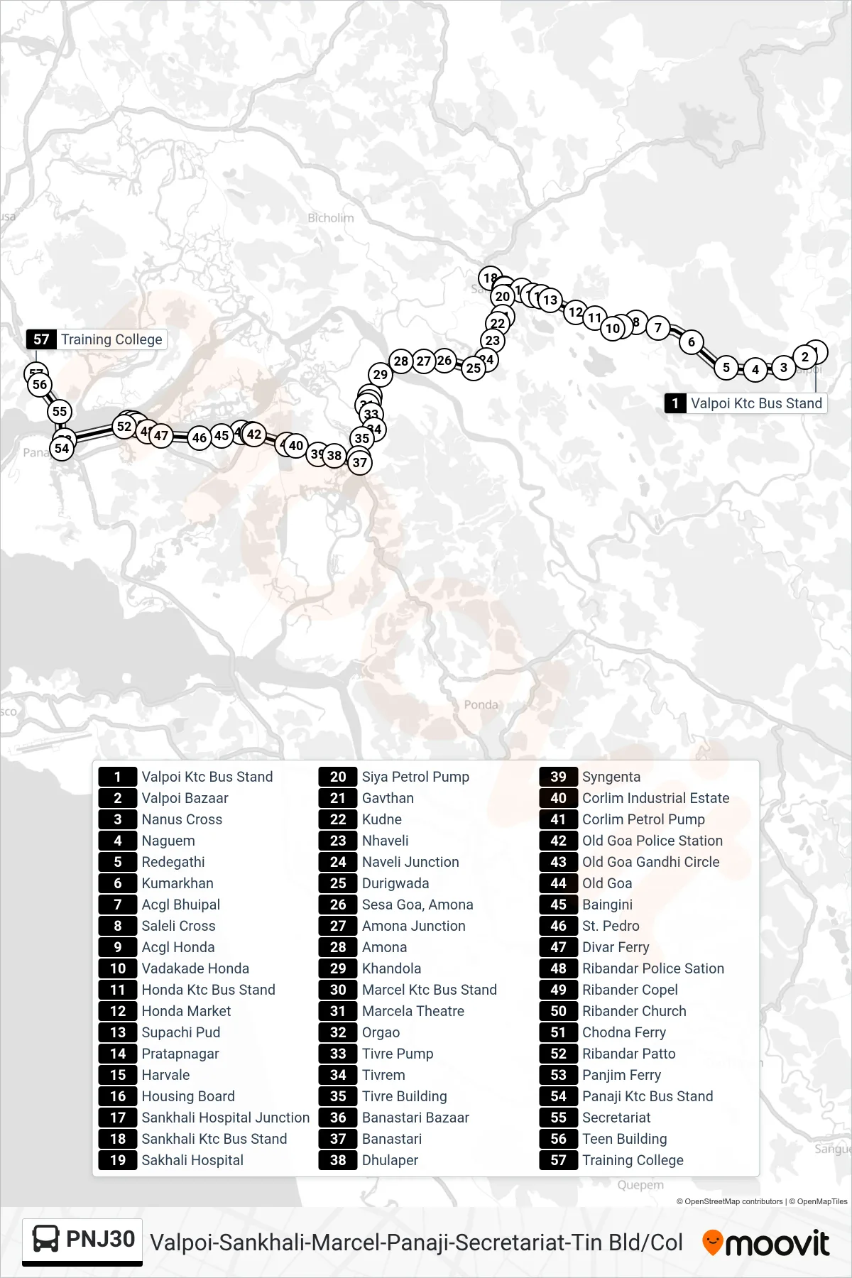 PNJ30 bus Line (Valpoi-Sankhali-Marcel-Panaji-Secretariat-Tin Bld/Col) route and stops on a map